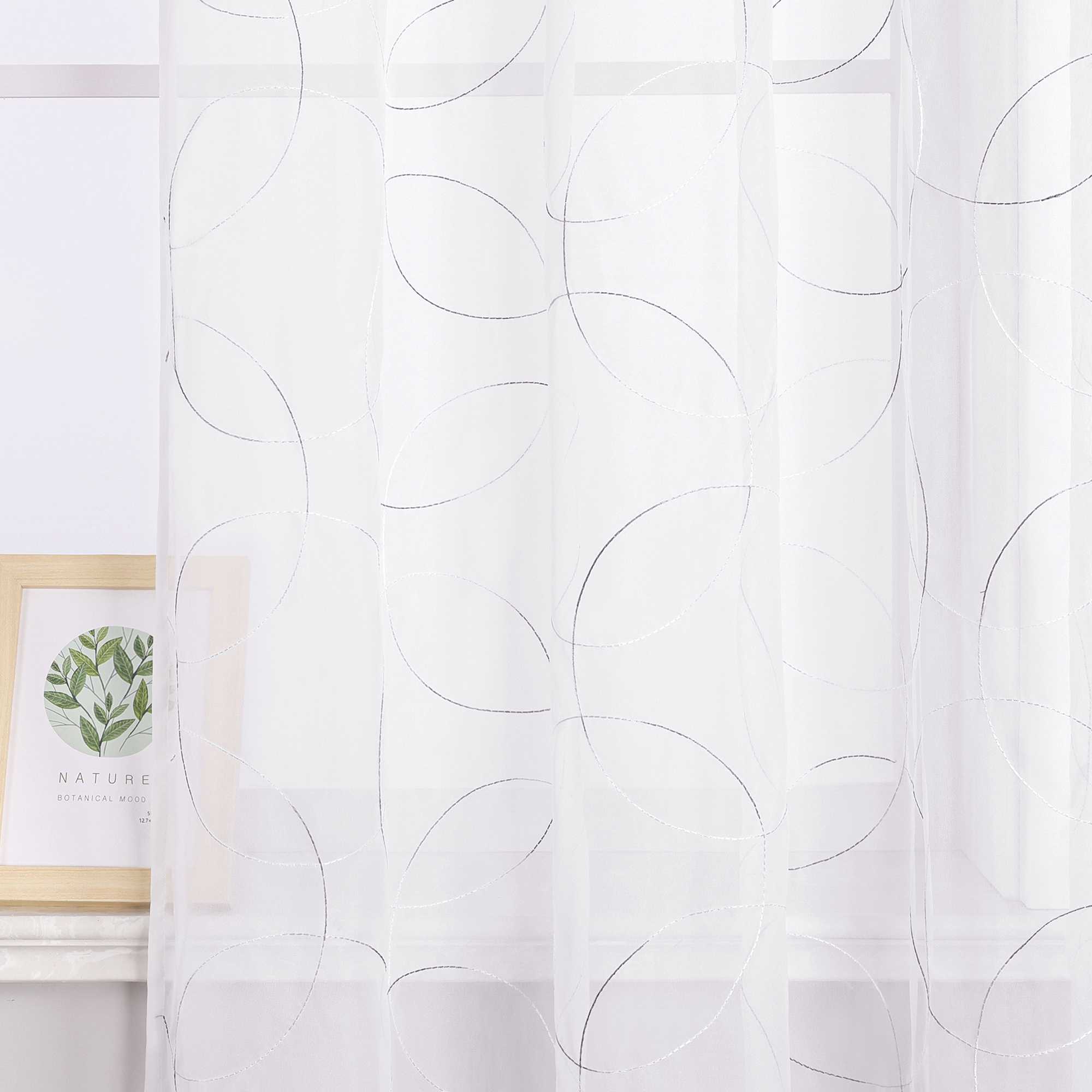 Vorhang mit Kräuselband Voile Gardine mit Kreismuster Bestickt Fensterschal Transparent 1 Stück - Joyswahl