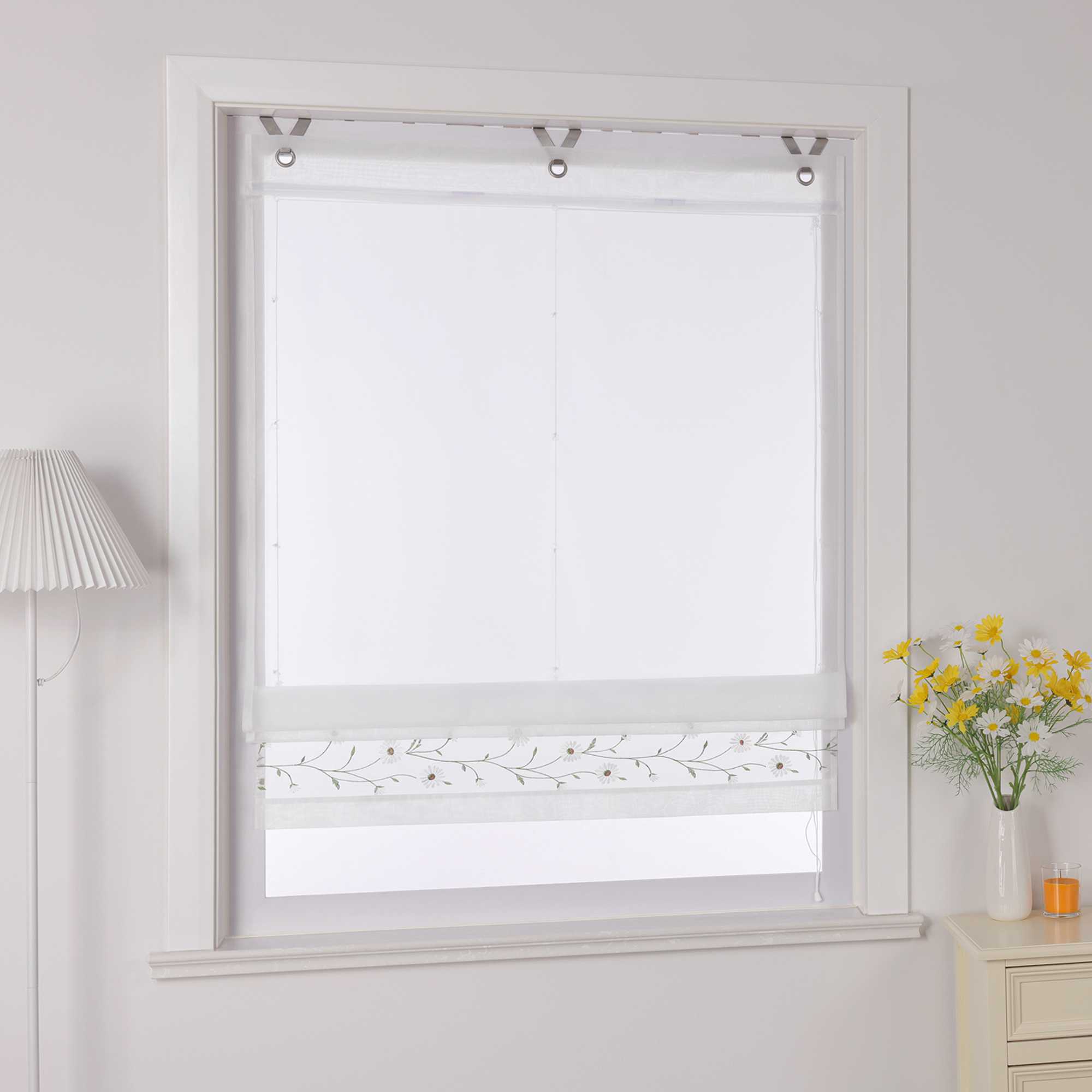 Raffrollo Voile Raffgardinen mit Schlaufen Küche Fenster Vorhänge mit Blumenmuster Stickerei Transparent Weiß 1 Stück - Joyswahl