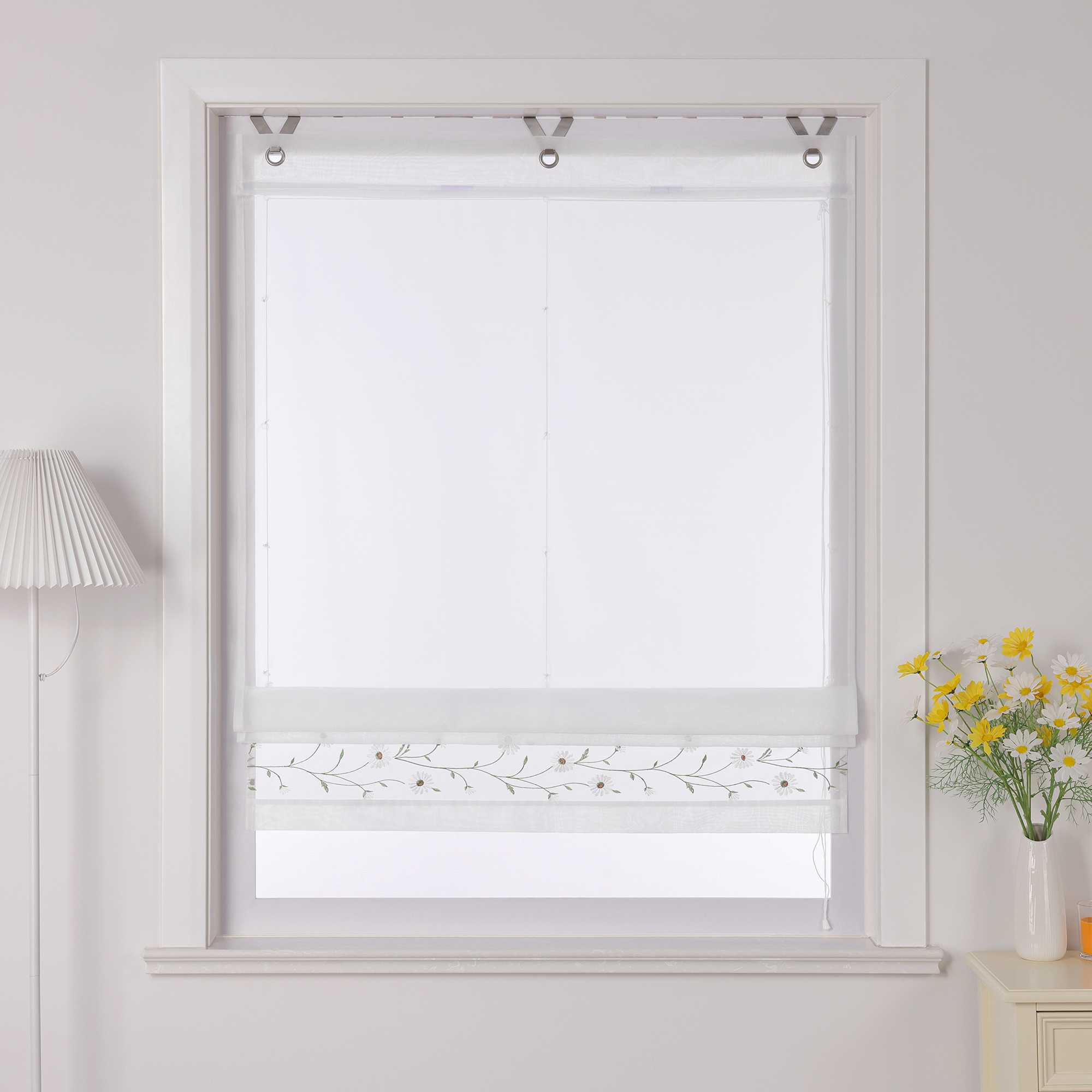 Raffrollo Voile Raffgardinen mit Schlaufen Küche Fenster Vorhänge mit Blumenmuster Stickerei Transparent Weiß 1 Stück - Joyswahl