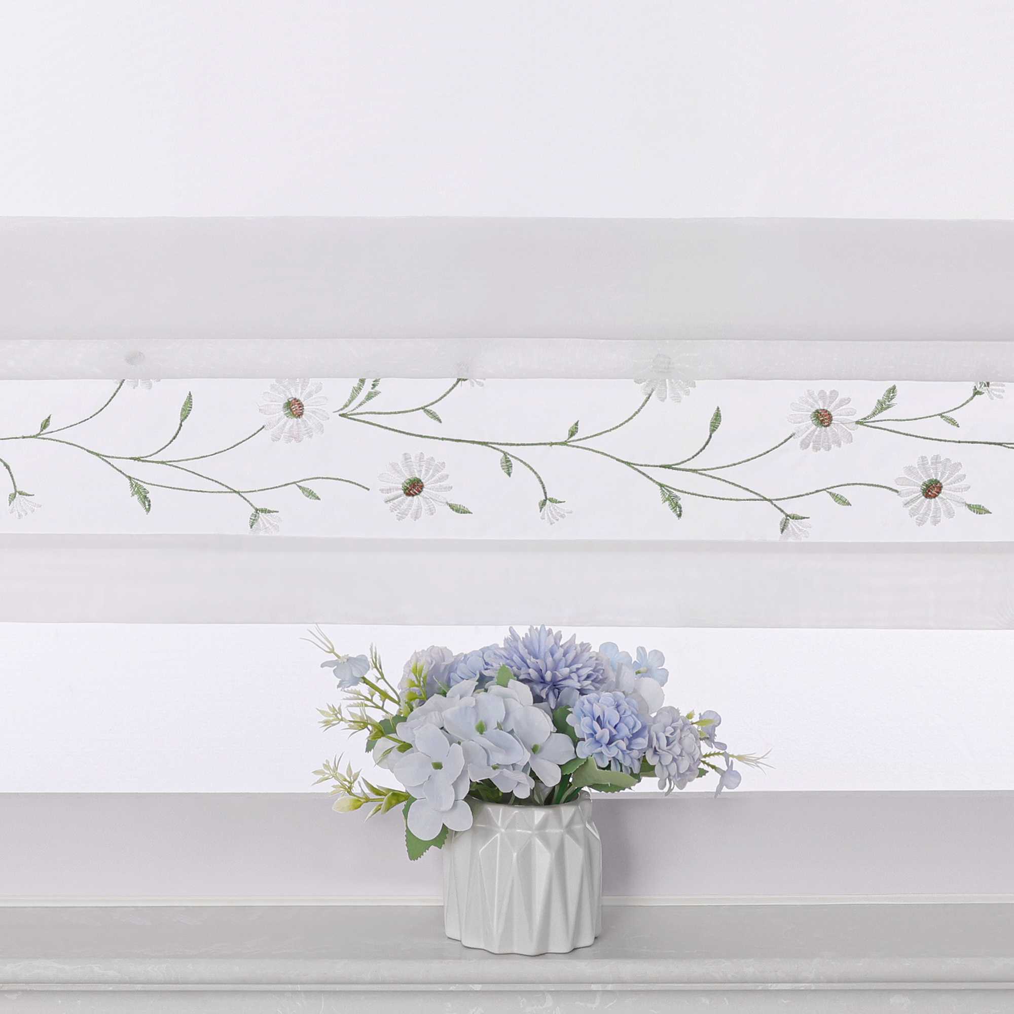 Raffrollo Voile Raffgardinen mit Schlaufen Küche Fenster Vorhänge mit Blumenmuster Stickerei Transparent Weiß 1 Stück - Joyswahl