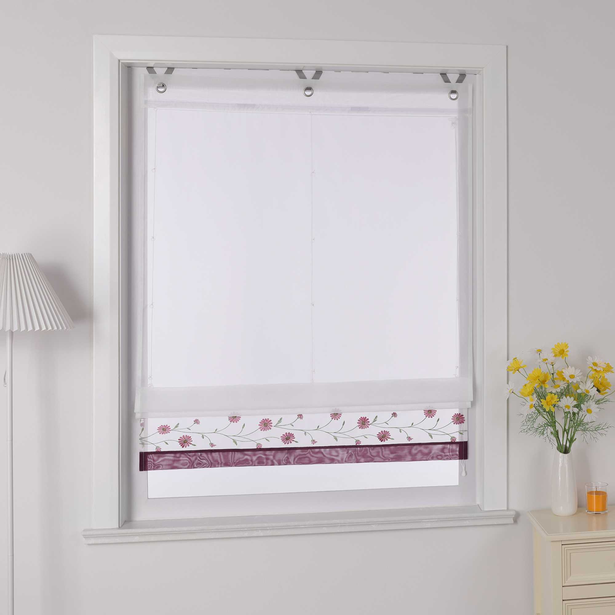 Raffrollo Voile Raffgardinen mit Schlaufen Küche Fenster Vorhänge mit Blumenmuster Stickerei Transparent Weiß 1 Stück - Joyswahl