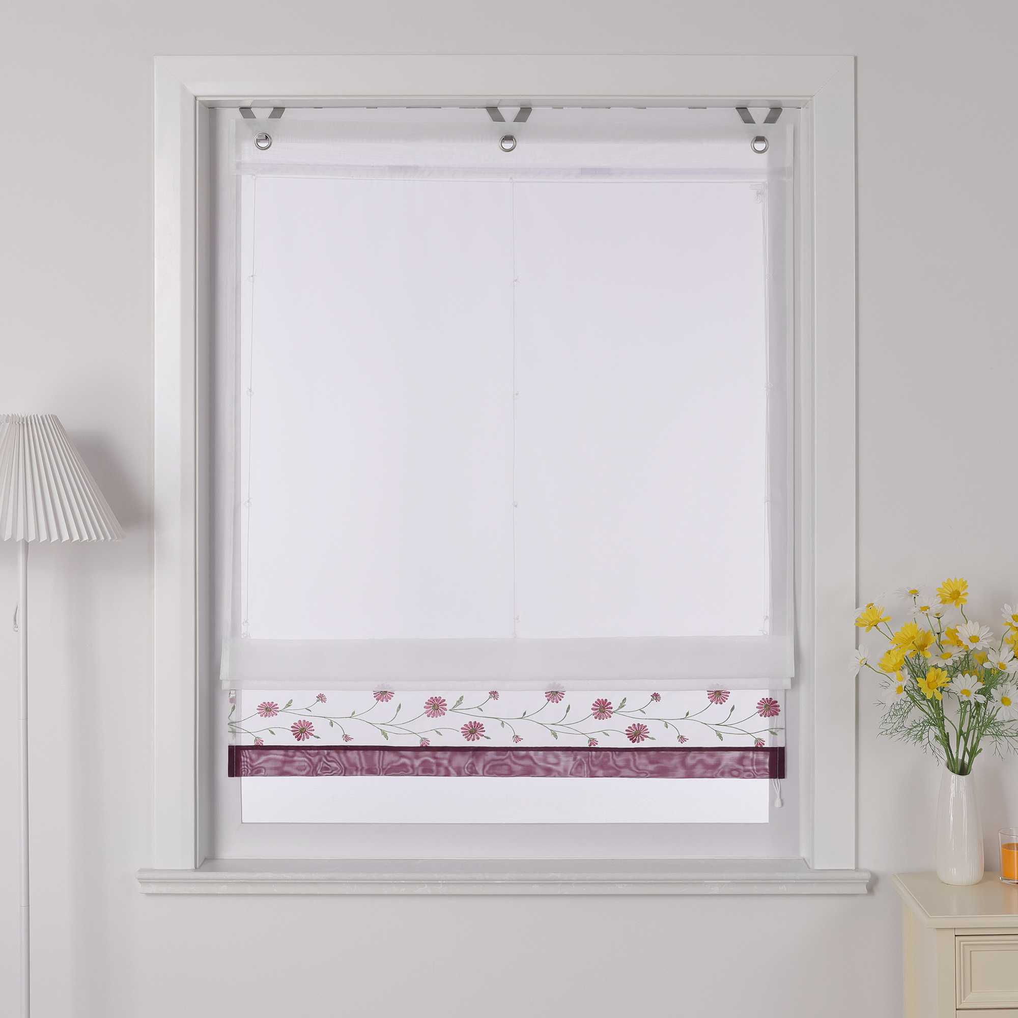 Raffrollo Voile Raffgardinen mit Schlaufen Küche Fenster Vorhänge mit Blumenmuster Stickerei Transparent Weiß 1 Stück - Joyswahl