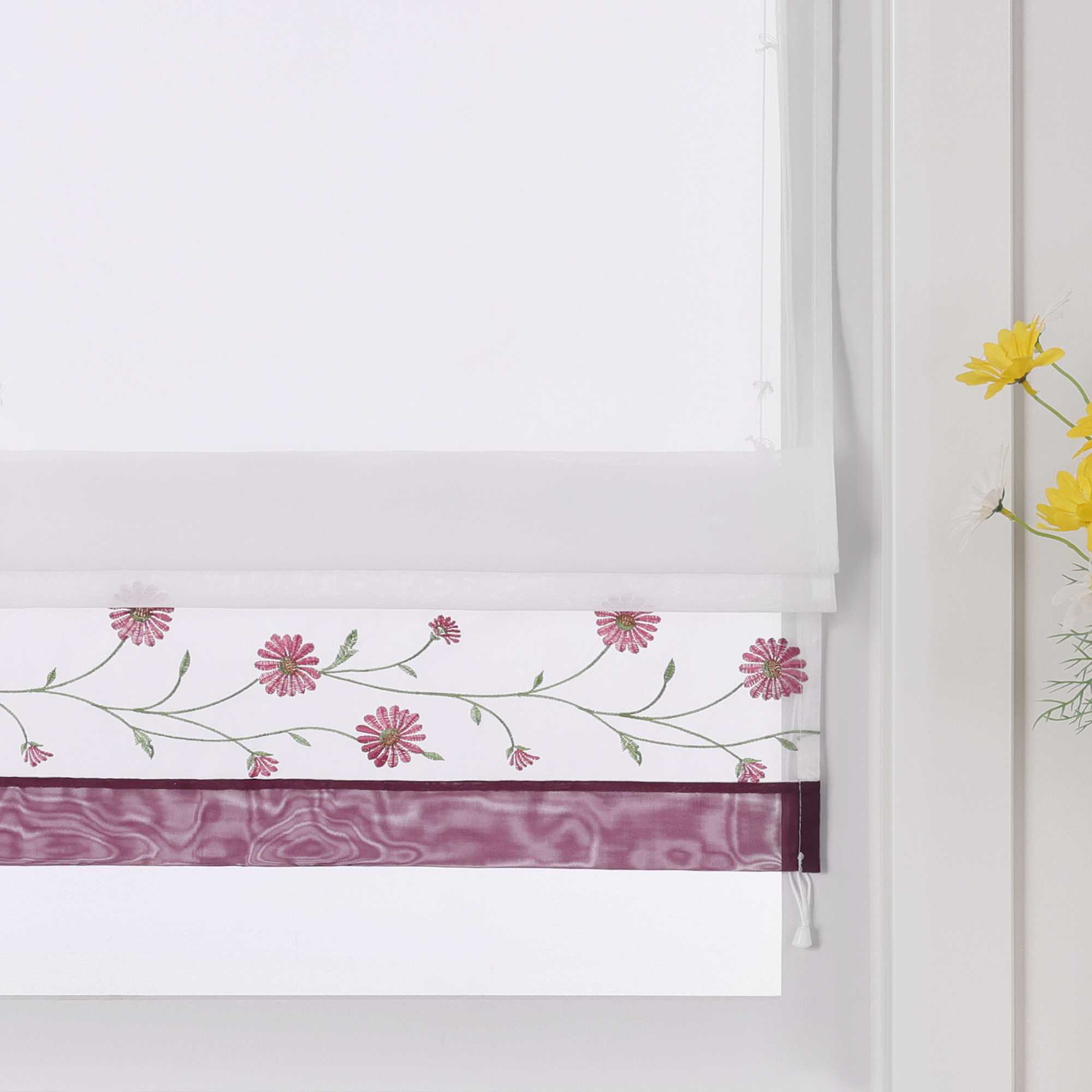Raffrollo Voile Raffgardinen mit Schlaufen Küche Fenster Vorhänge mit Blumenmuster Stickerei Transparent Weiß 1 Stück - Joyswahl