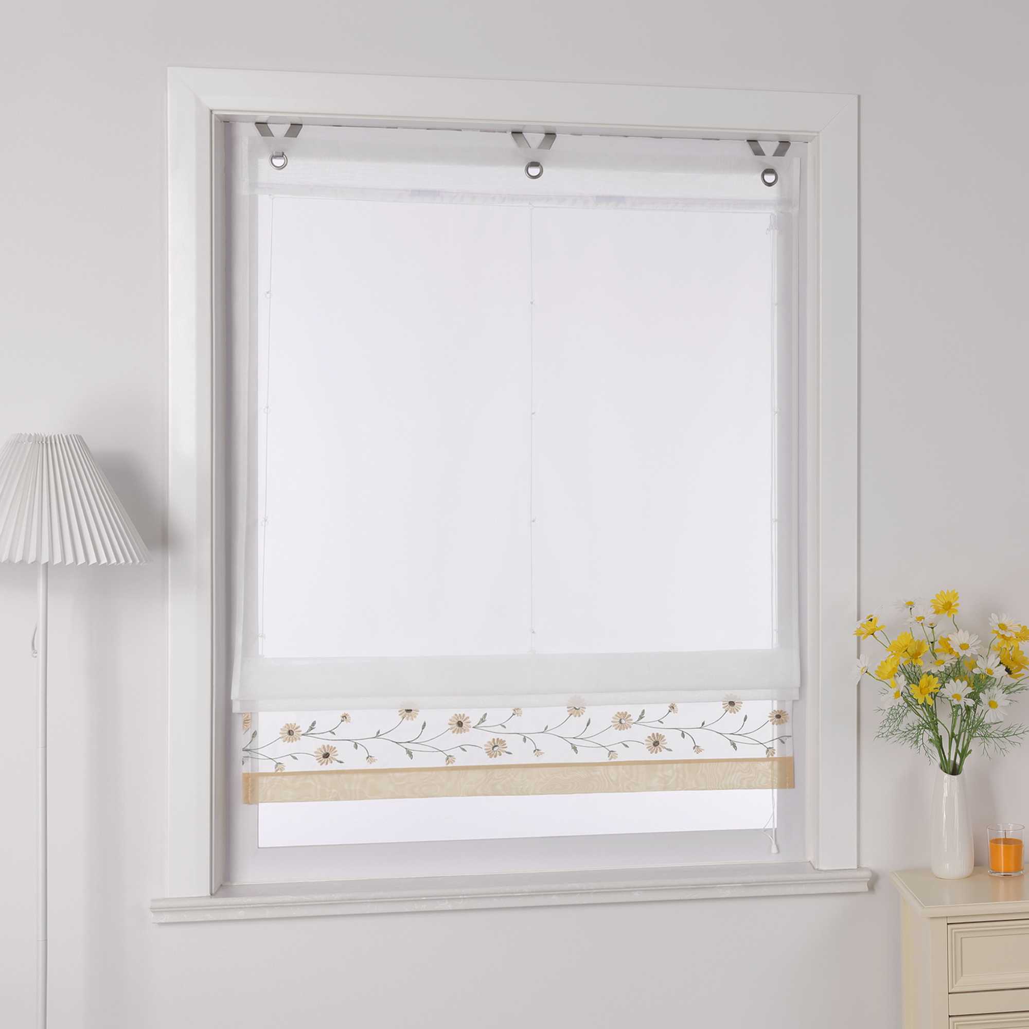 Raffrollo Voile Raffgardinen mit Schlaufen Küche Fenster Vorhänge mit Blumenmuster Stickerei Transparent Weiß 1 Stück - Joyswahl