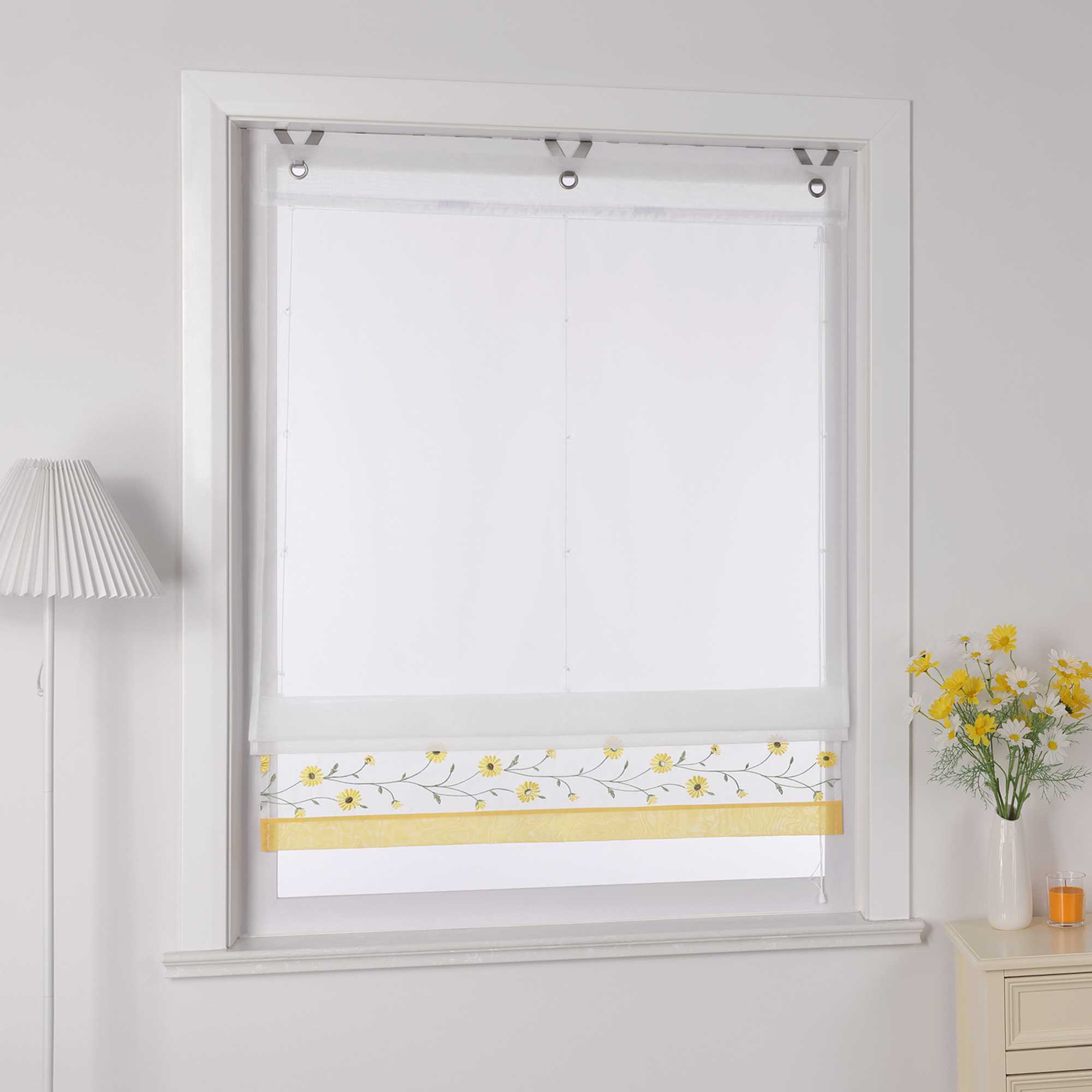 Raffrollo Voile Raffgardinen mit Schlaufen Küche Fenster Vorhänge mit Blumenmuster Stickerei Transparent Weiß 1 Stück - Joyswahl