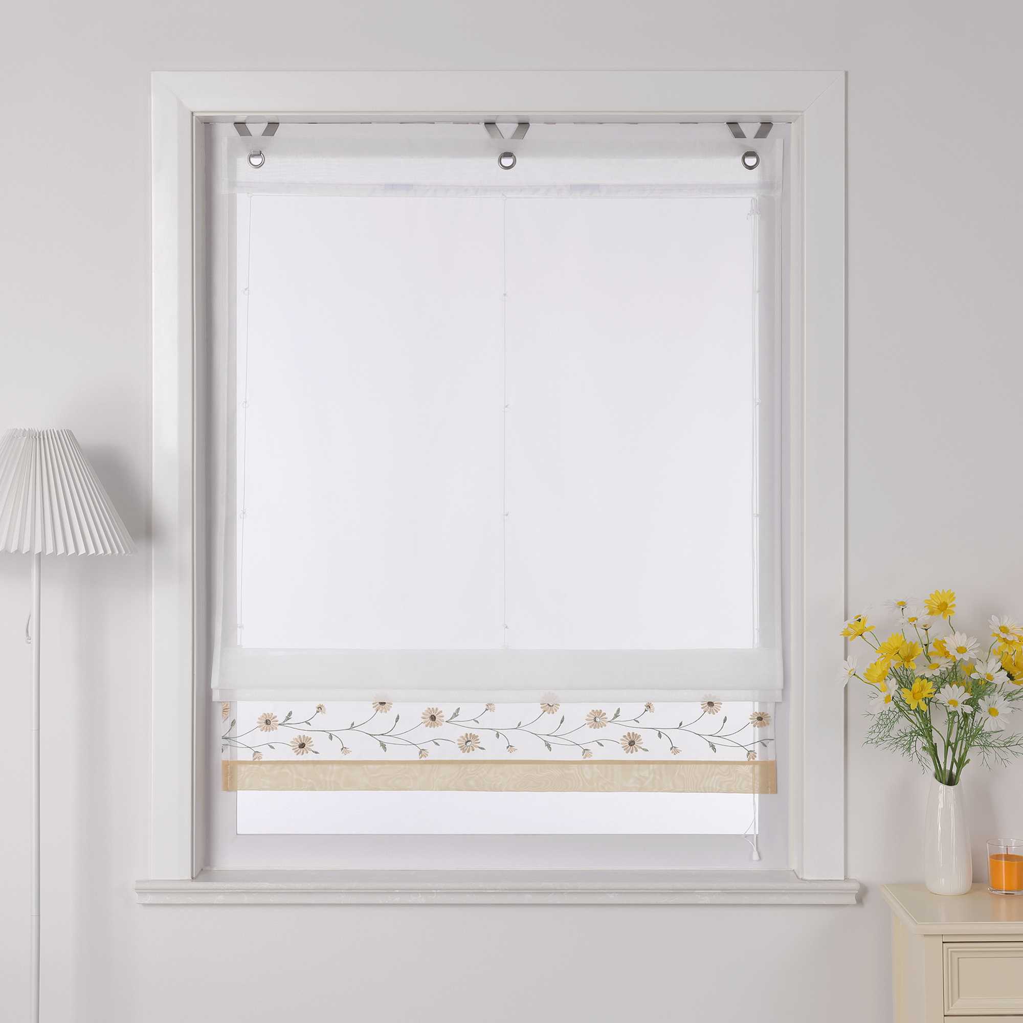 Raffrollo Voile Raffgardinen mit Schlaufen Küche Fenster Vorhänge mit Blumenmuster Stickerei Transparent Weiß 1 Stück - Joyswahl
