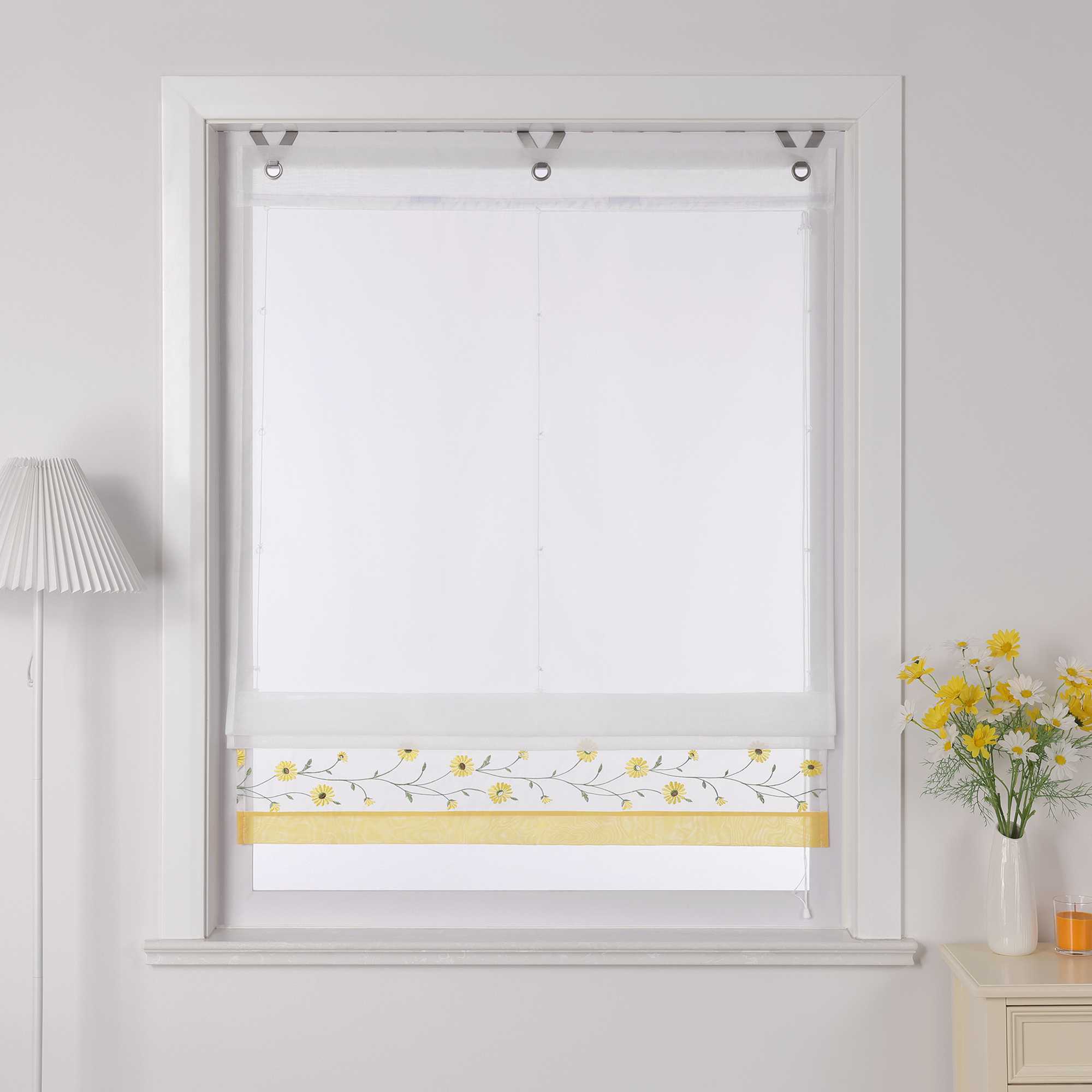 Raffrollo Voile Raffgardinen mit Schlaufen Küche Fenster Vorhänge mit Blumenmuster Stickerei Transparent Weiß 1 Stück - Joyswahl
