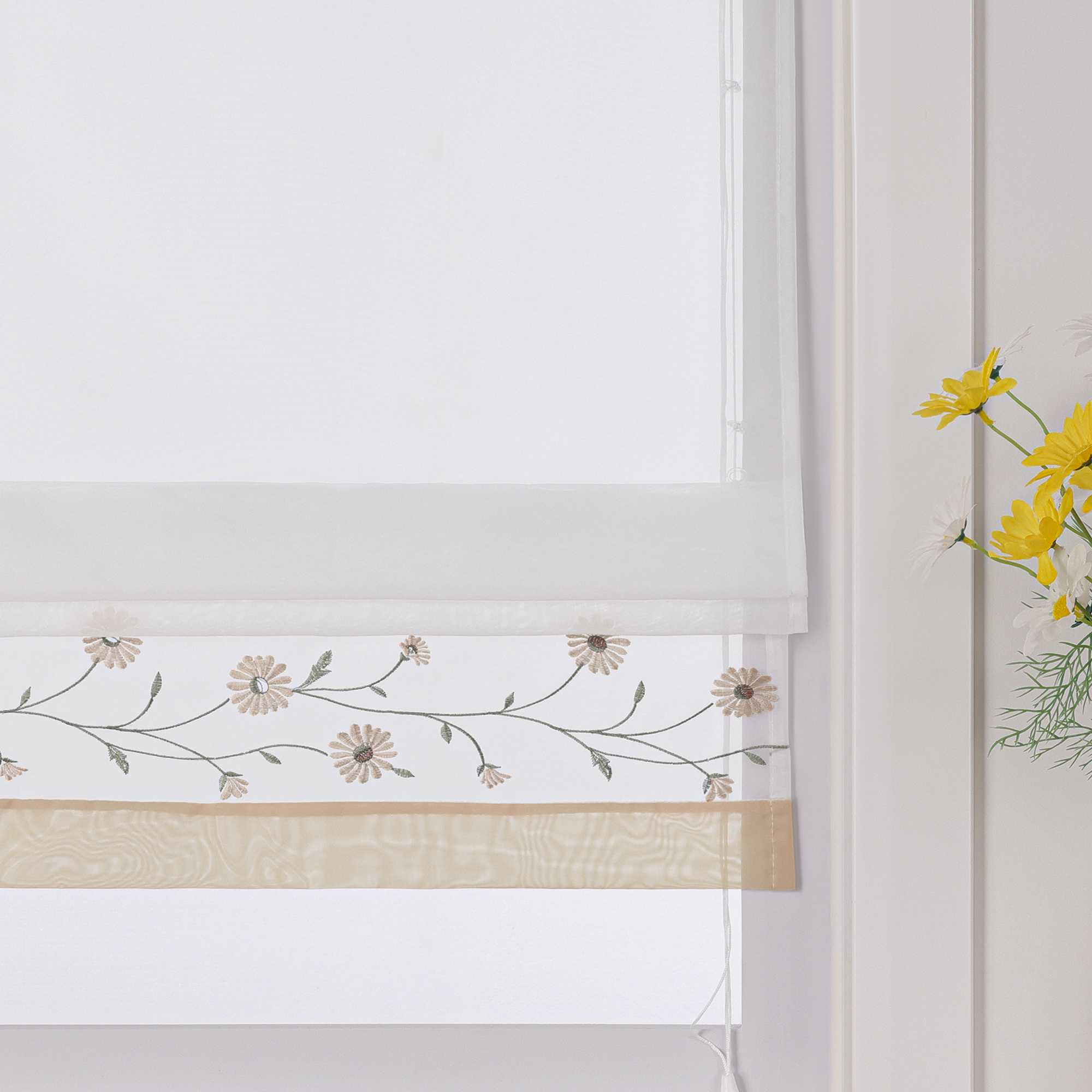 Raffrollo Voile Raffgardinen mit Schlaufen Küche Fenster Vorhänge mit Blumenmuster Stickerei Transparent Weiß 1 Stück - Joyswahl