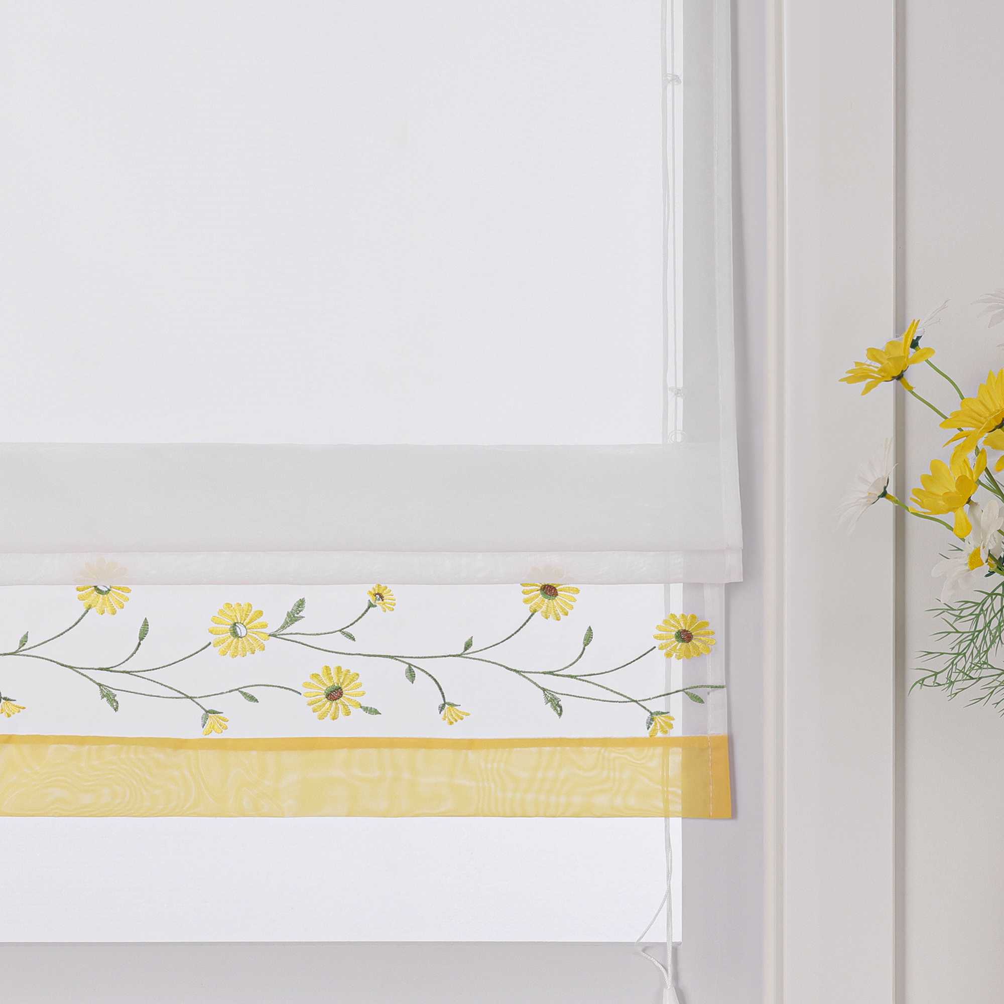 Raffrollo Voile Raffgardinen mit Schlaufen Küche Fenster Vorhänge mit Blumenmuster Stickerei Transparent Weiß 1 Stück - Joyswahl