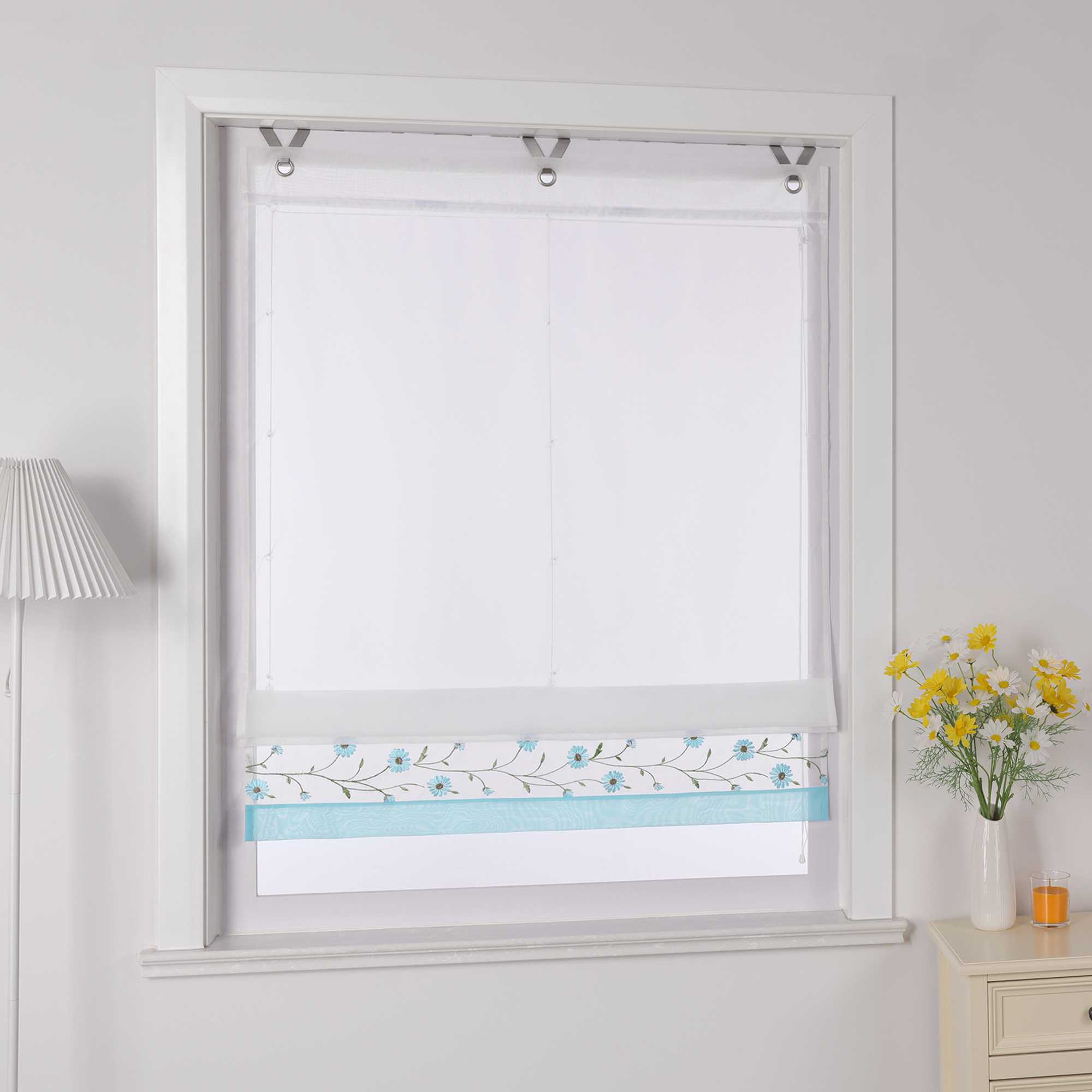 Raffrollo Voile Raffgardinen mit Schlaufen Küche Fenster Vorhänge mit Blumenmuster Stickerei Transparent Weiß 1 Stück - Joyswahl