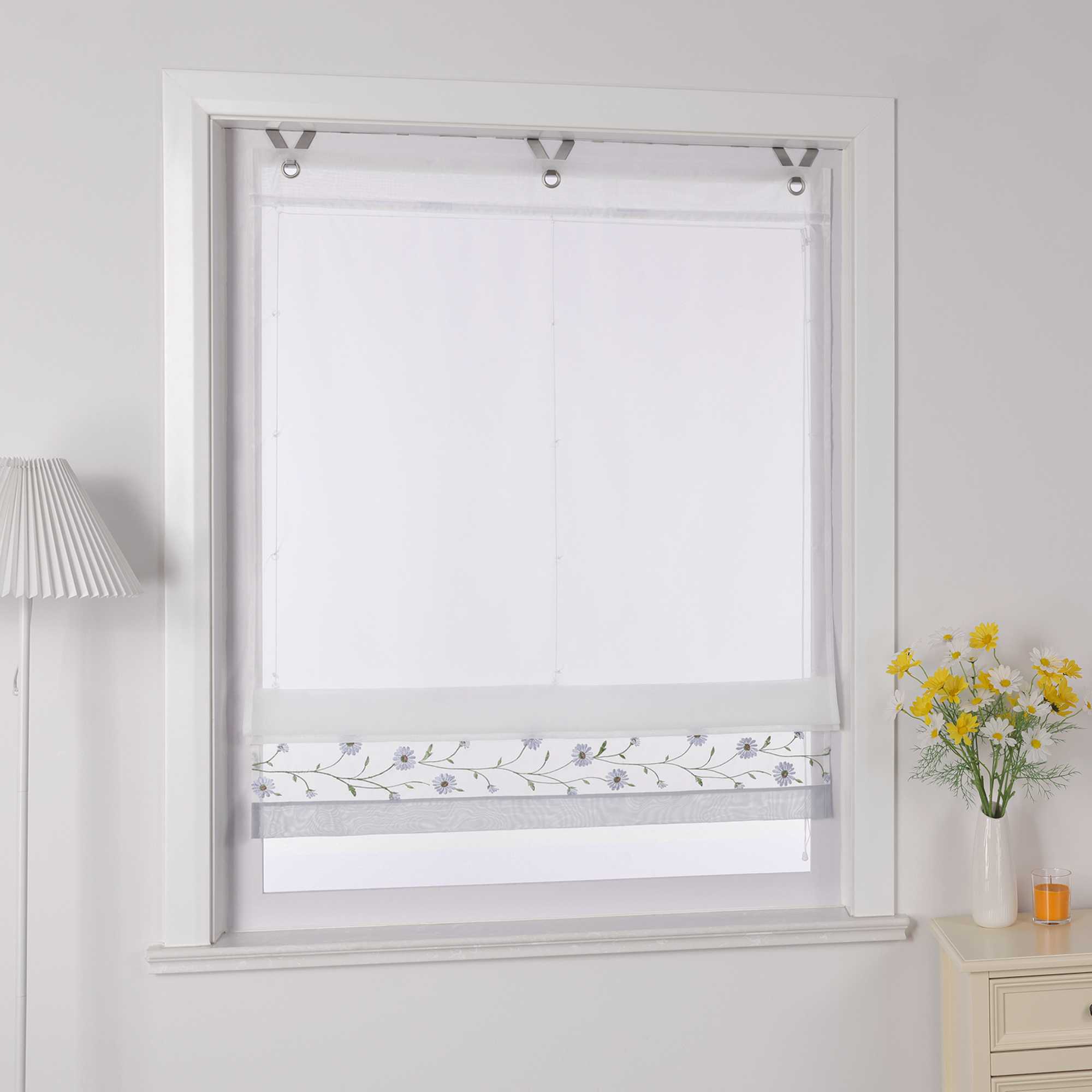 Raffrollo Voile Raffgardinen mit Schlaufen Küche Fenster Vorhänge mit Blumenmuster Stickerei Transparent Weiß 1 Stück - Joyswahl