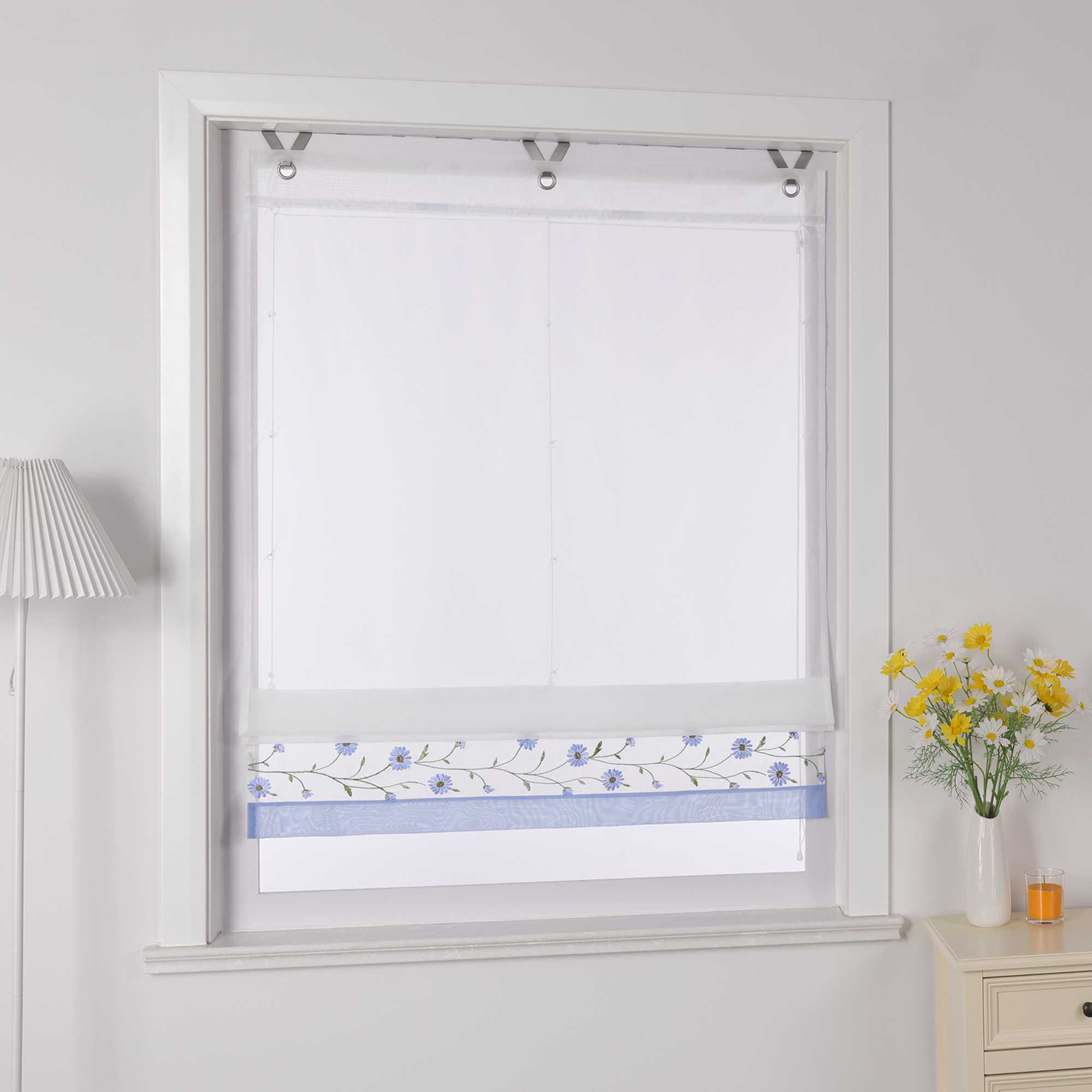Raffrollo Voile Raffgardinen mit Schlaufen Küche Fenster Vorhänge mit Blumenmuster Stickerei Transparent Weiß 1 Stück - Joyswahl