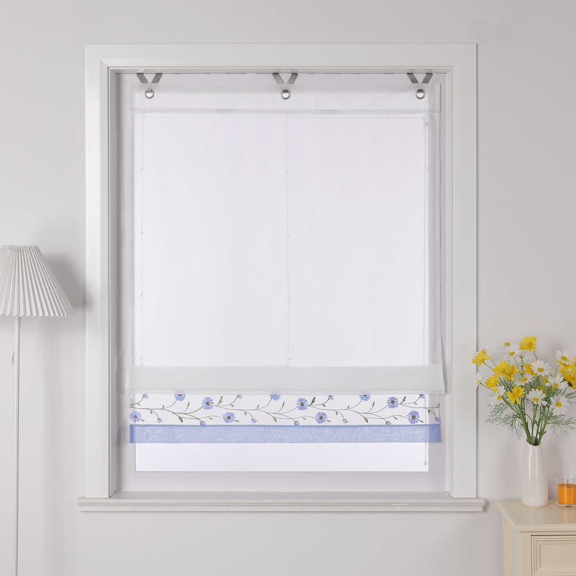Raffrollo Voile Raffgardinen mit Schlaufen Küche Fenster Vorhänge mit Blumenmuster Stickerei Transparent Weiß 1 Stück - Joyswahl
