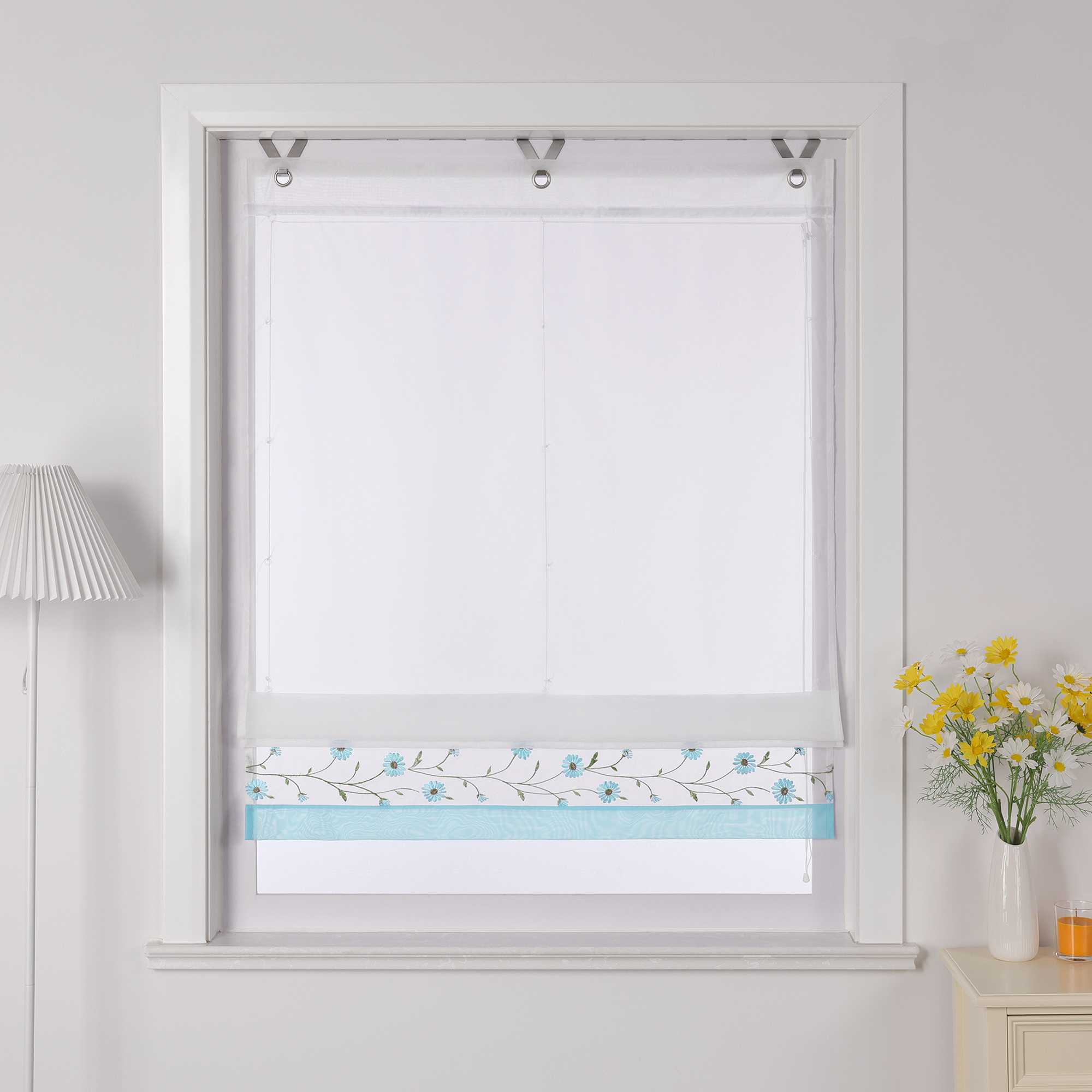 Raffrollo Voile Raffgardinen mit Schlaufen Küche Fenster Vorhänge mit Blumenmuster Stickerei Transparent Weiß 1 Stück - Joyswahl