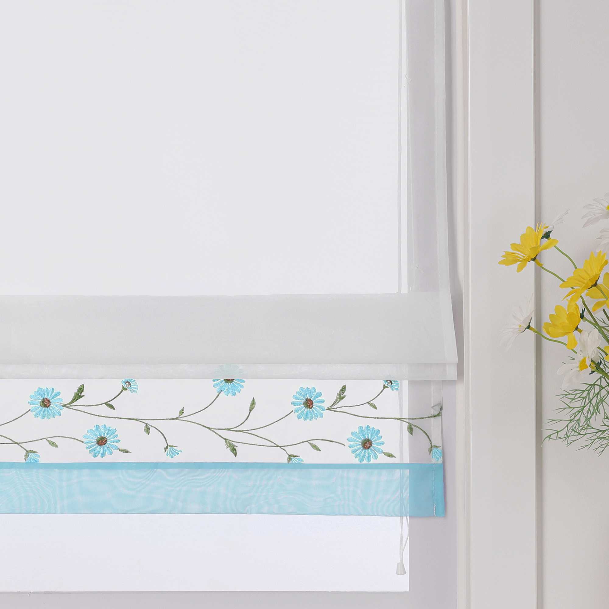 Raffrollo Voile Raffgardinen mit Schlaufen Küche Fenster Vorhänge mit Blumenmuster Stickerei Transparent Weiß 1 Stück - Joyswahl