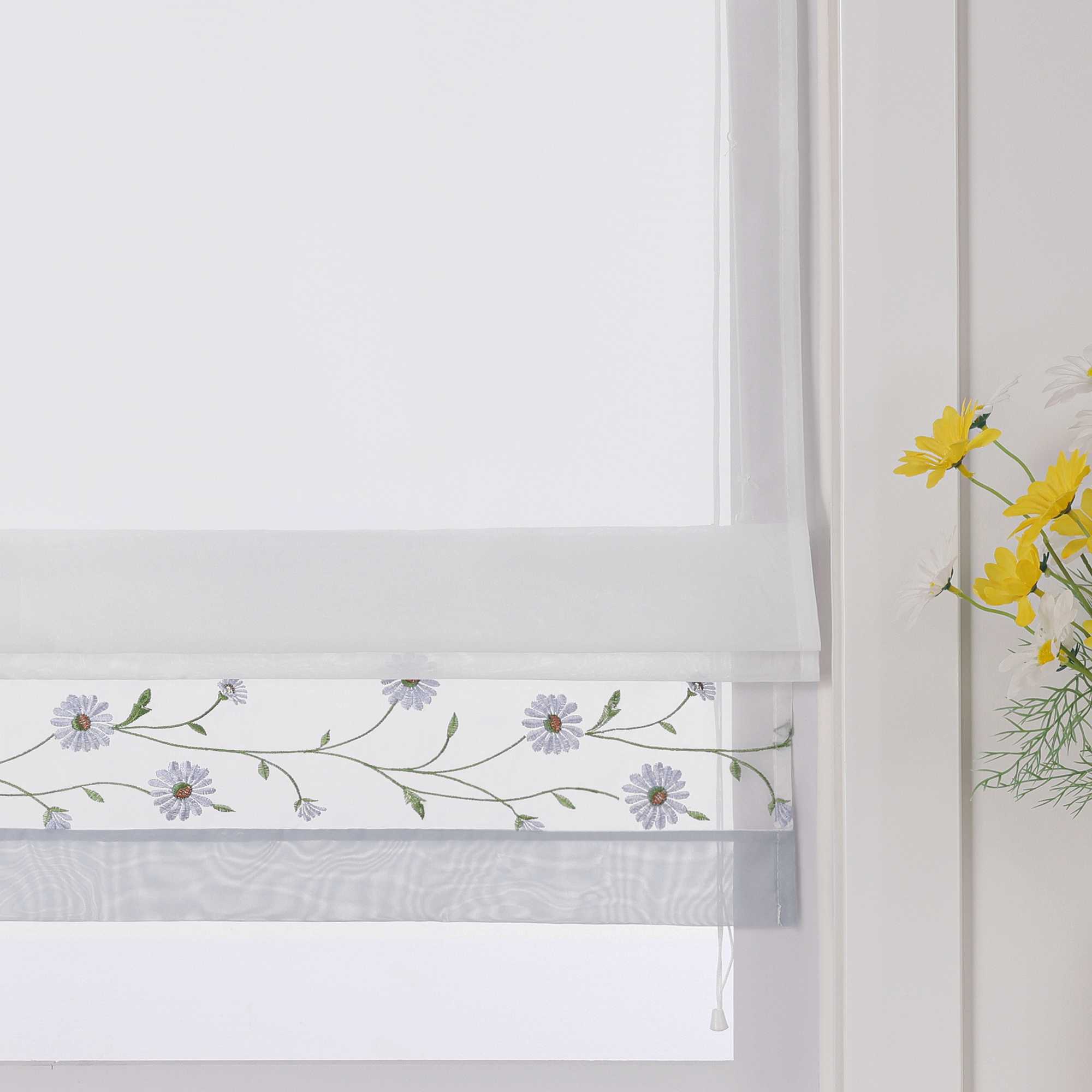 Raffrollo Voile Raffgardinen mit Schlaufen Küche Fenster Vorhänge mit Blumenmuster Stickerei Transparent Weiß 1 Stück - Joyswahl