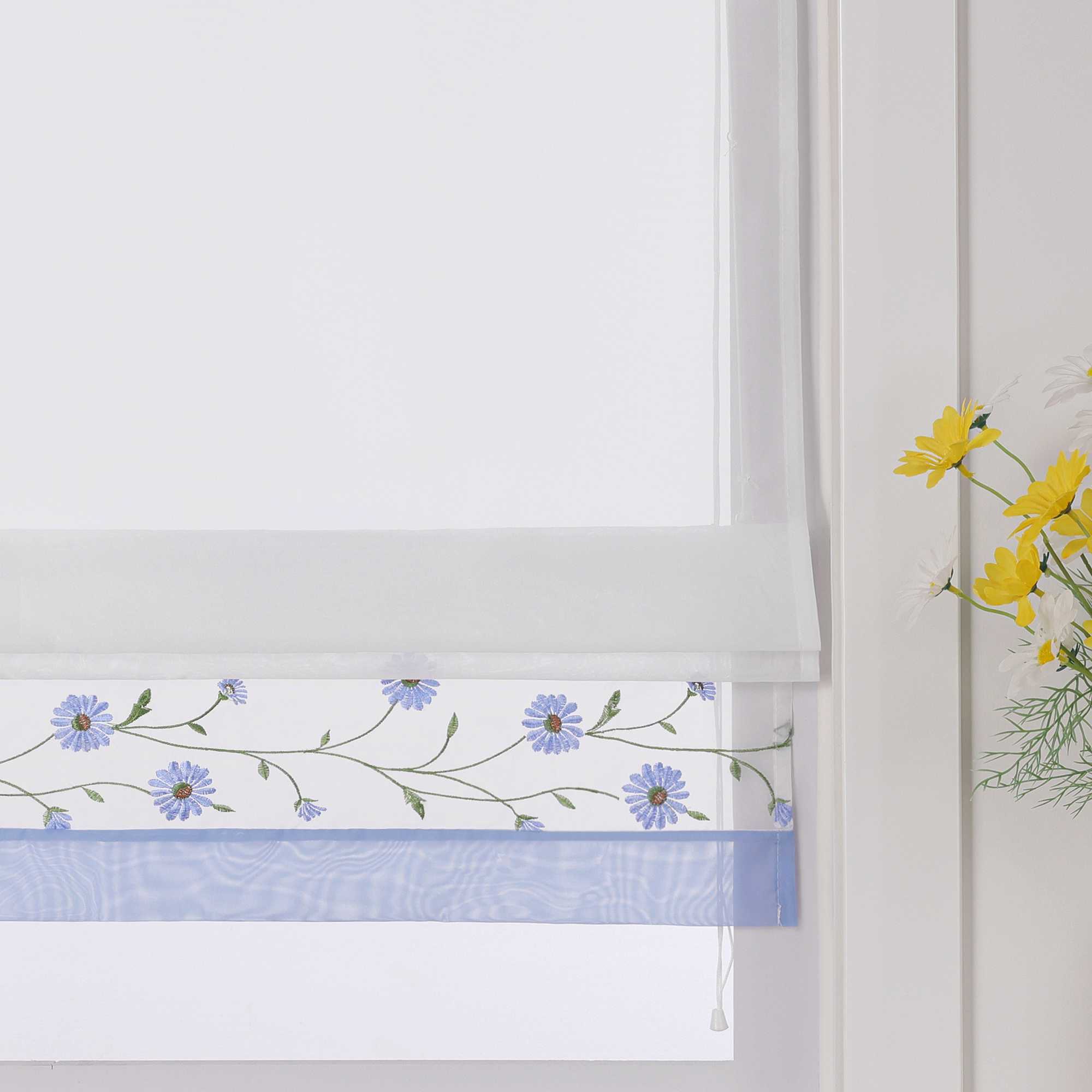 Raffrollo Voile Raffgardinen mit Schlaufen Küche Fenster Vorhänge mit Blumenmuster Stickerei Transparent Weiß 1 Stück - Joyswahl