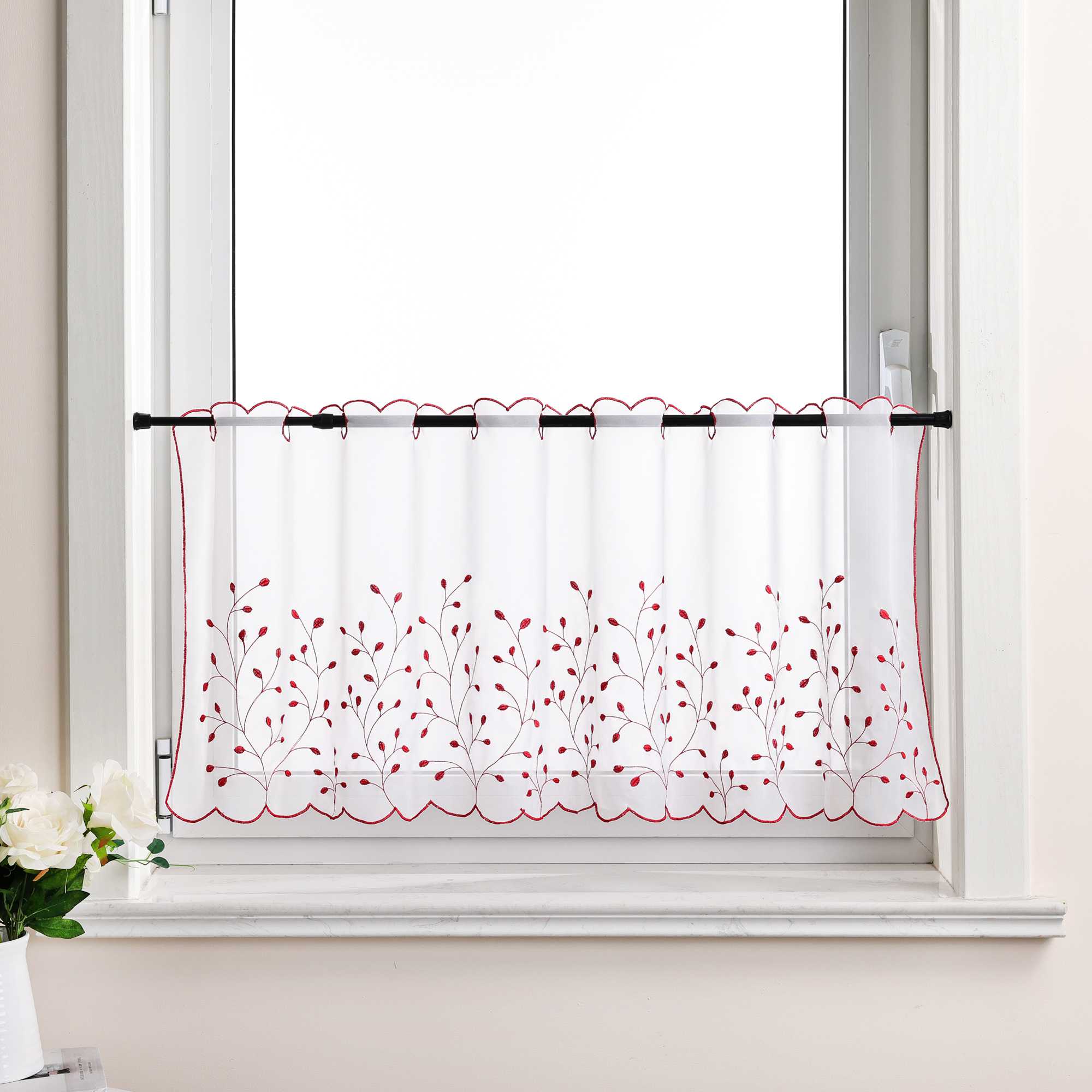 Scheibengardine mit Blumenstickerei Modern Voile Bistrogardine mit Lochleiste Unifarbige Kurzstores Landhausstil Transparent 1 Stück - Joyswahl
