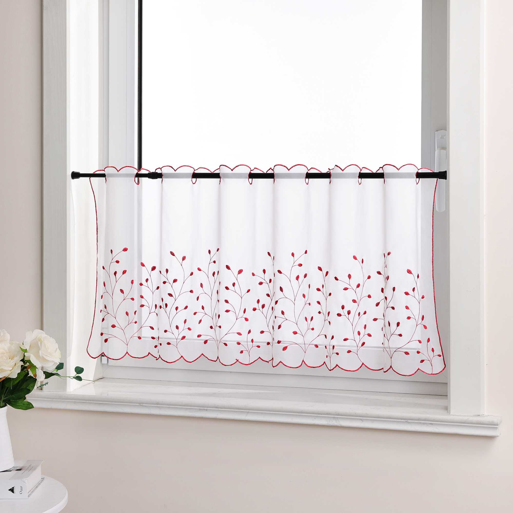 Scheibengardine mit Blumenstickerei Modern Voile Bistrogardine mit Lochleiste Unifarbige Kurzstores Landhausstil Transparent 1 Stück - Joyswahl