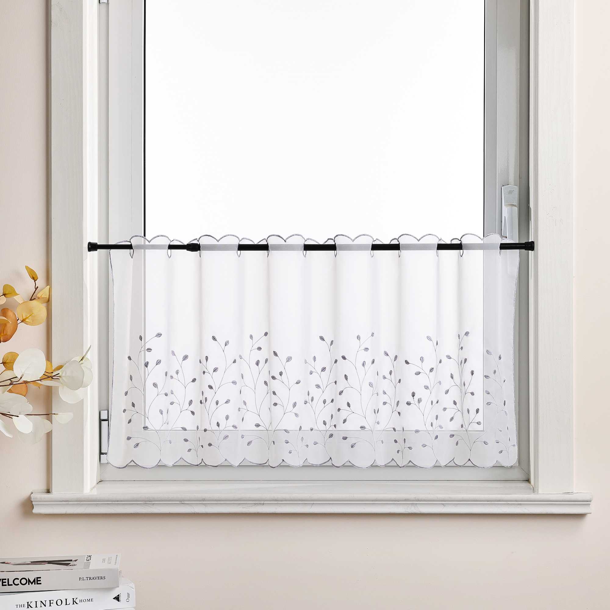 Scheibengardine mit Blumenstickerei Modern Voile Bistrogardine mit Lochleiste Unifarbige Kurzstores Landhausstil Transparent 1 Stück - Joyswahl