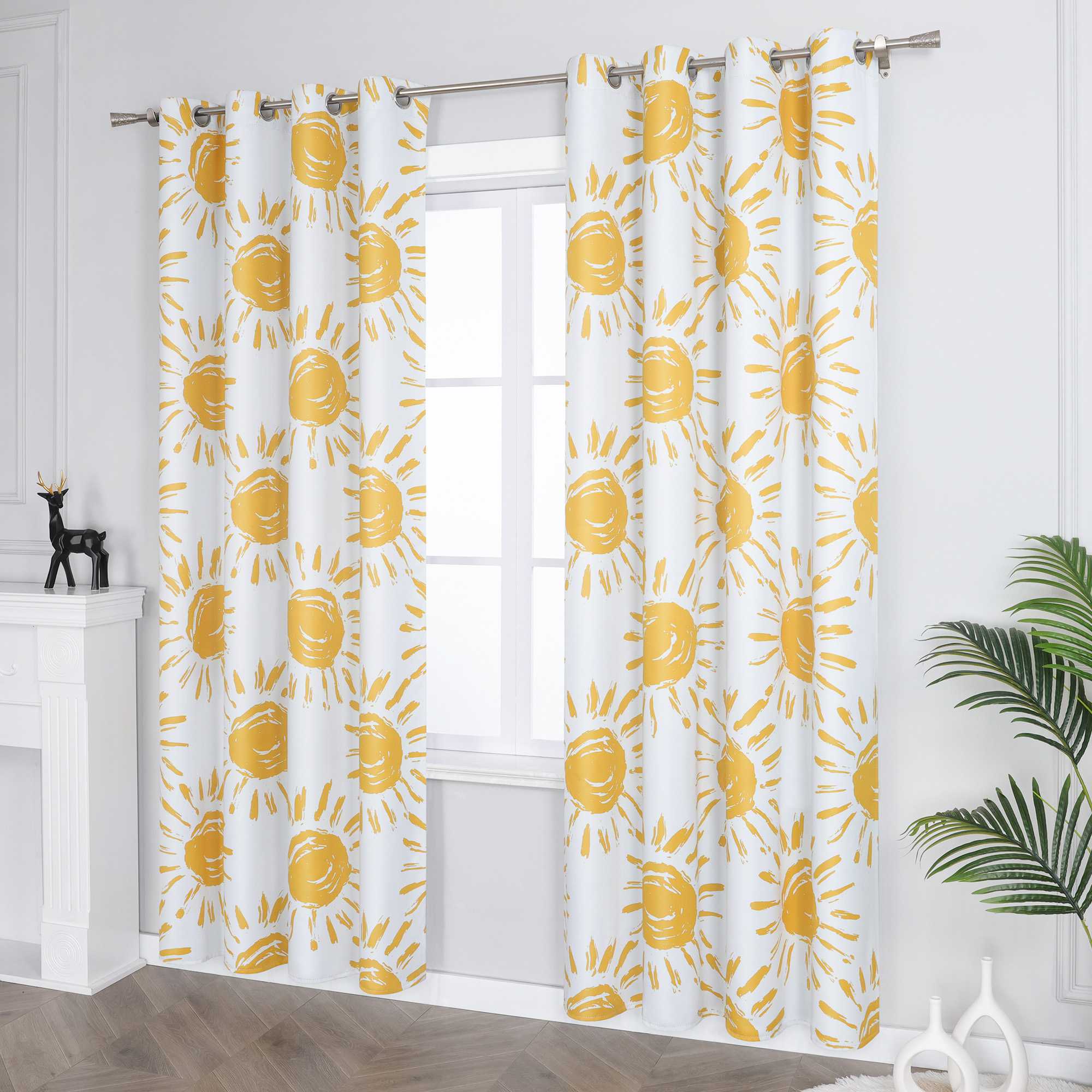 Verdunkelungsvorhänge Ösenschal Blickdichte Gardinen Thermovorhang Vorhang mit Sonnenmotiven für Schlafzimmer Wohnzimmer Gelb 1 Stück - Joyswahl