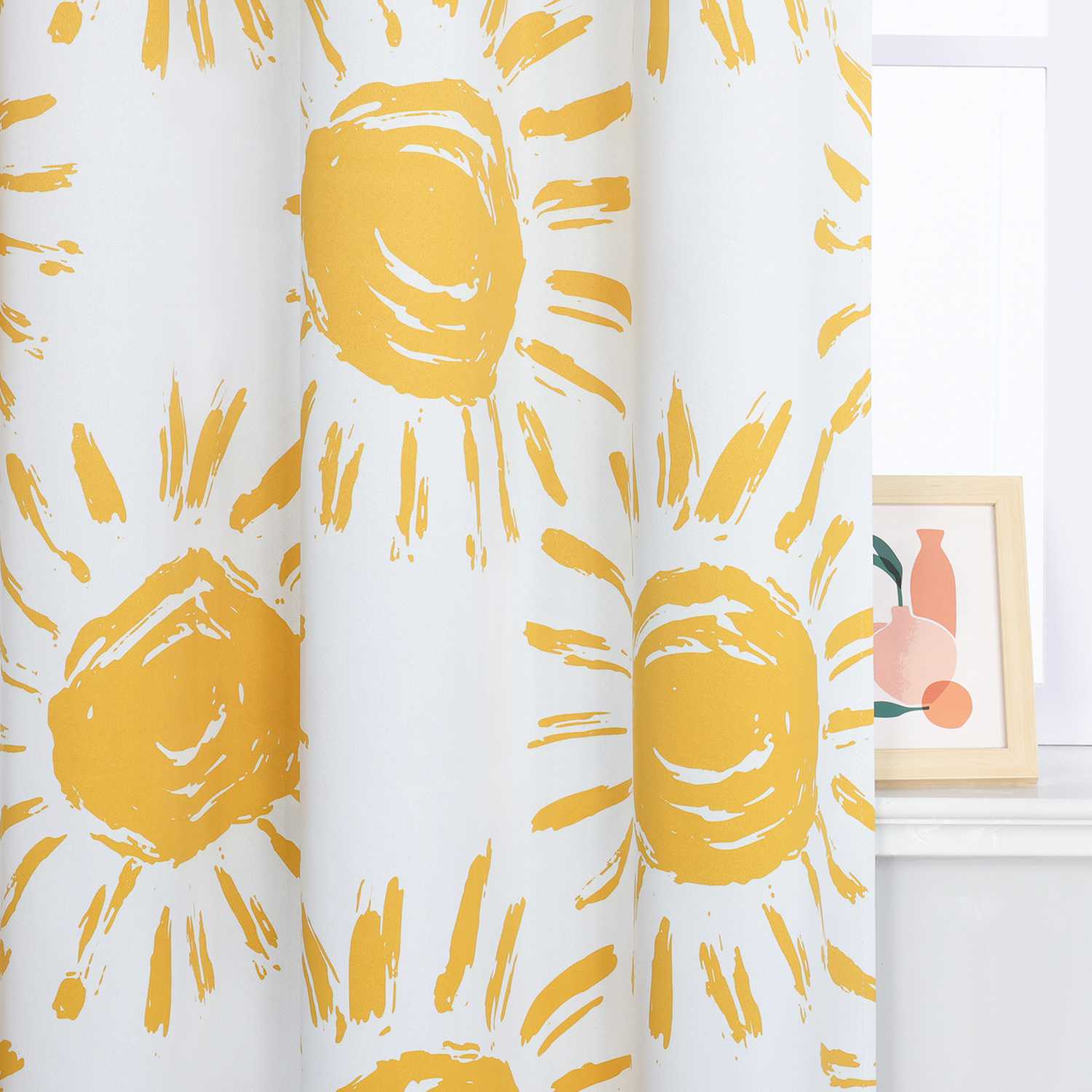 Verdunkelungsvorhänge Ösenschal Blickdichte Gardinen Thermovorhang Vorhang mit Sonnenmotiven für Schlafzimmer Wohnzimmer Gelb 1 Stück - Joyswahl
