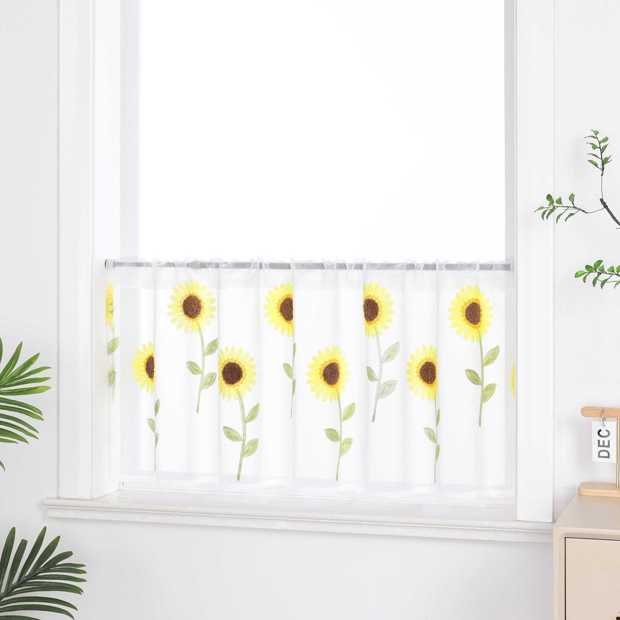 Scheibengardinen Bistrogardinen durch Tunnelzug Voile Küche Kinderzimmer mit Sonnenblume Stickerei Halbtransparent - Joyswahl