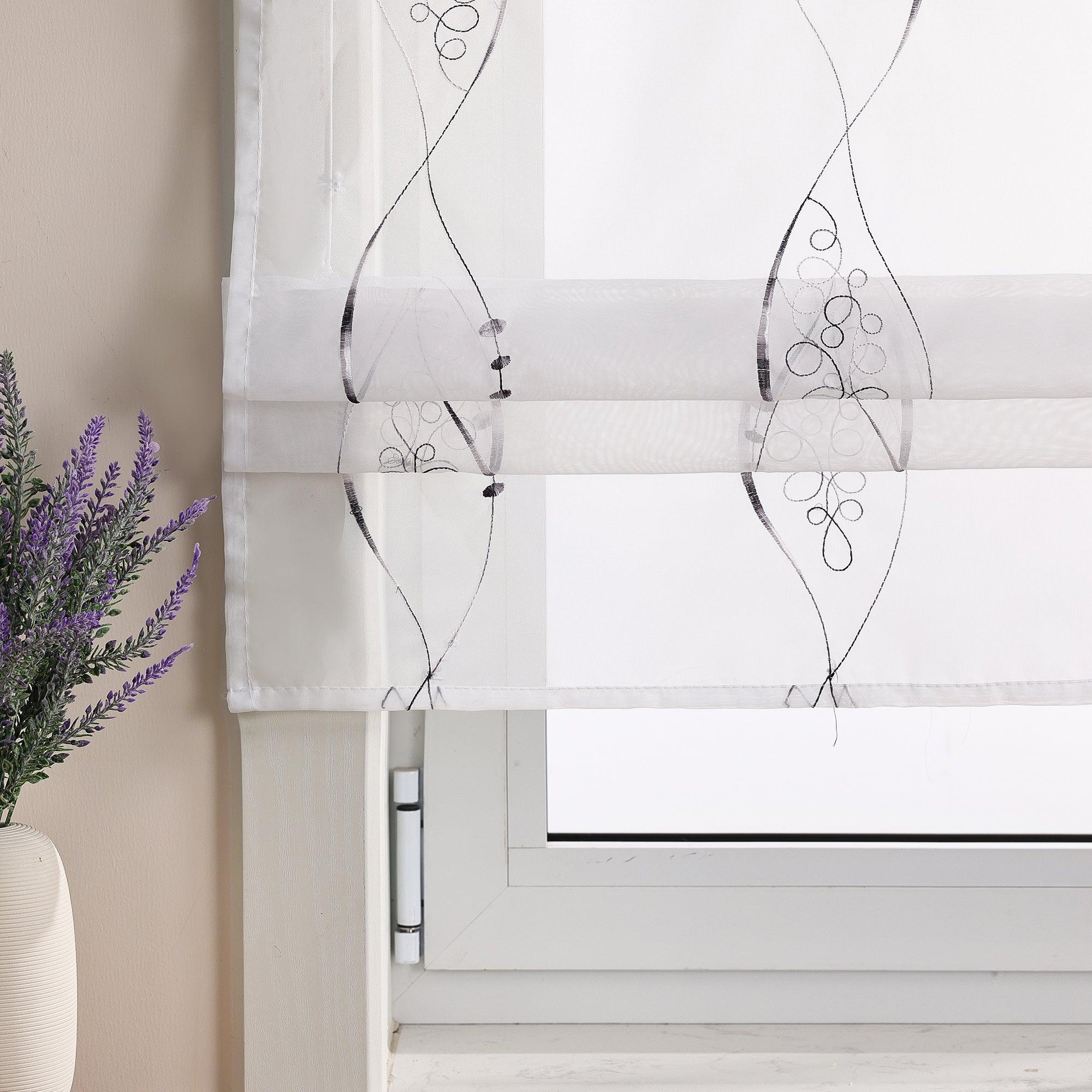 Raffrollo mit Schlaufen Voile Raffgardinen Modern Bestickt Vorhänge Bändchenrollo mit Linienmuster-Stickerei Transparent Weiß 1 Stück - Joyswahl