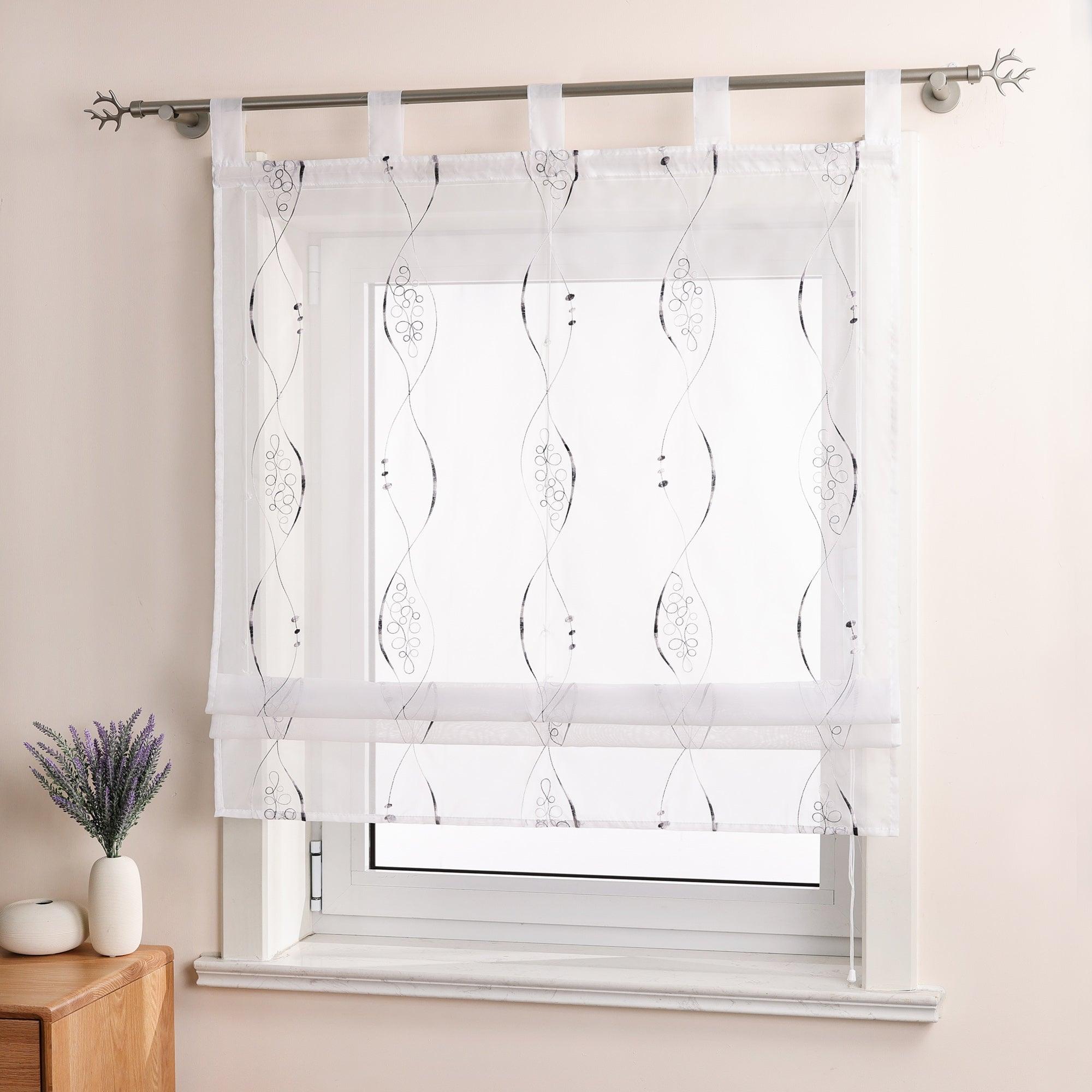 Raffrollo mit Schlaufen Voile Raffgardinen Modern Bestickt Vorhänge Bändchenrollo mit Linienmuster-Stickerei Transparent Weiß 1 Stück - Joyswahl