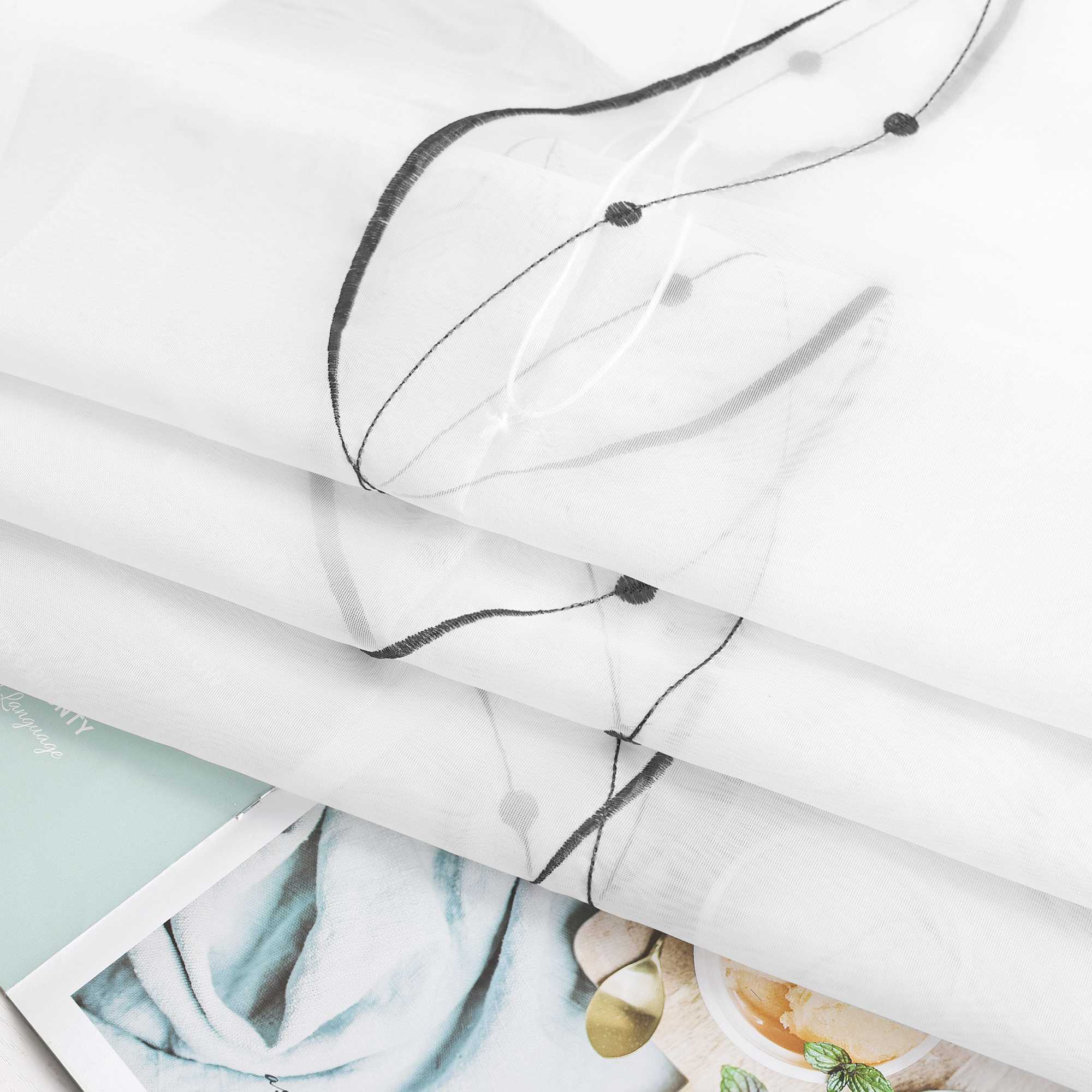 Rollos ohne Bohren Weiß Raffgardine mit Ösen Transparent Gardinen mit U-Haken Ösenrollo Modern Bestickt 1 Stück - Joyswahl