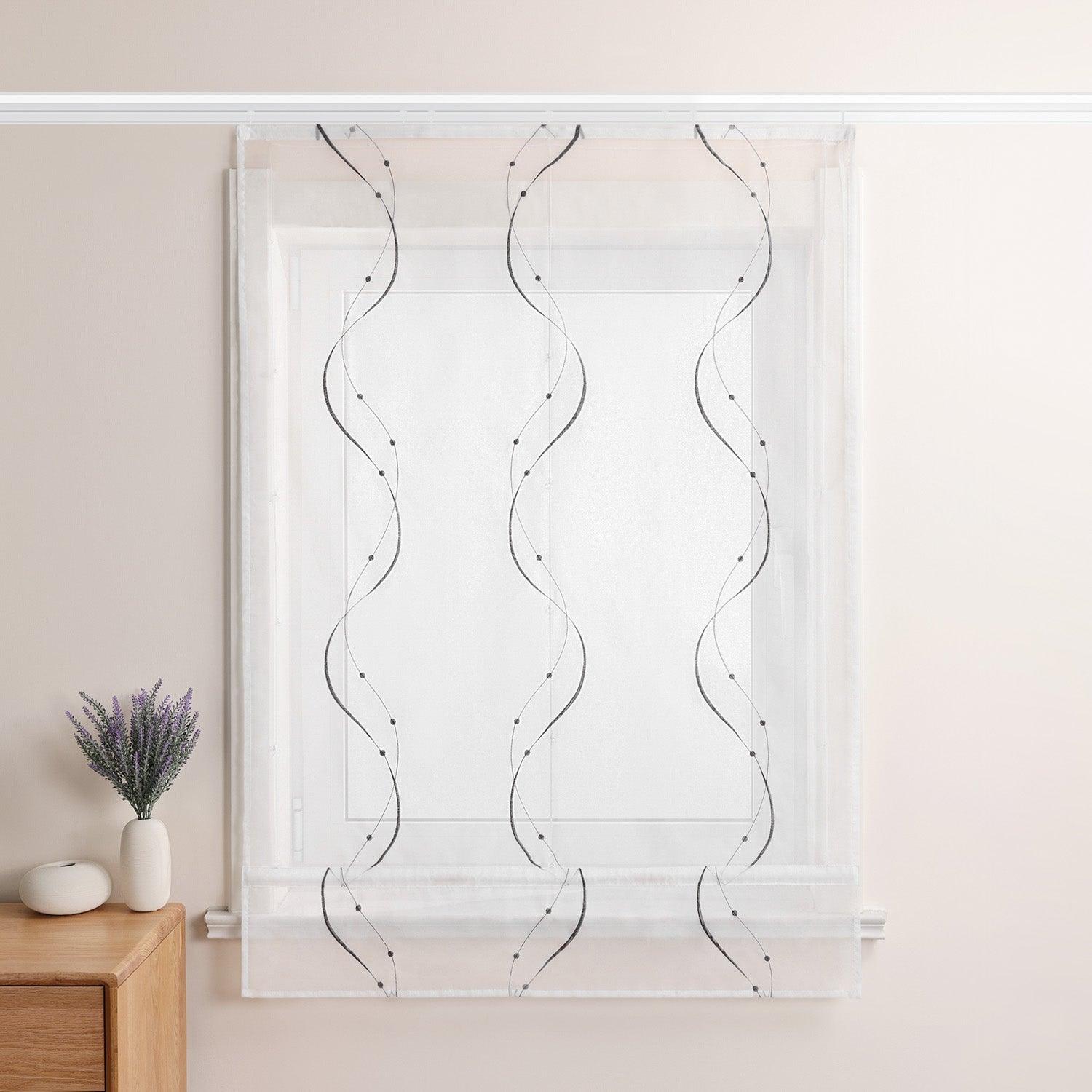 Raffrollo mit Klettband Küche Gardinen Raffgardinen Voile Bändchenrollo mit Wellenperlenmuster Stickerei Transparent 1 Stück - Joyswahl