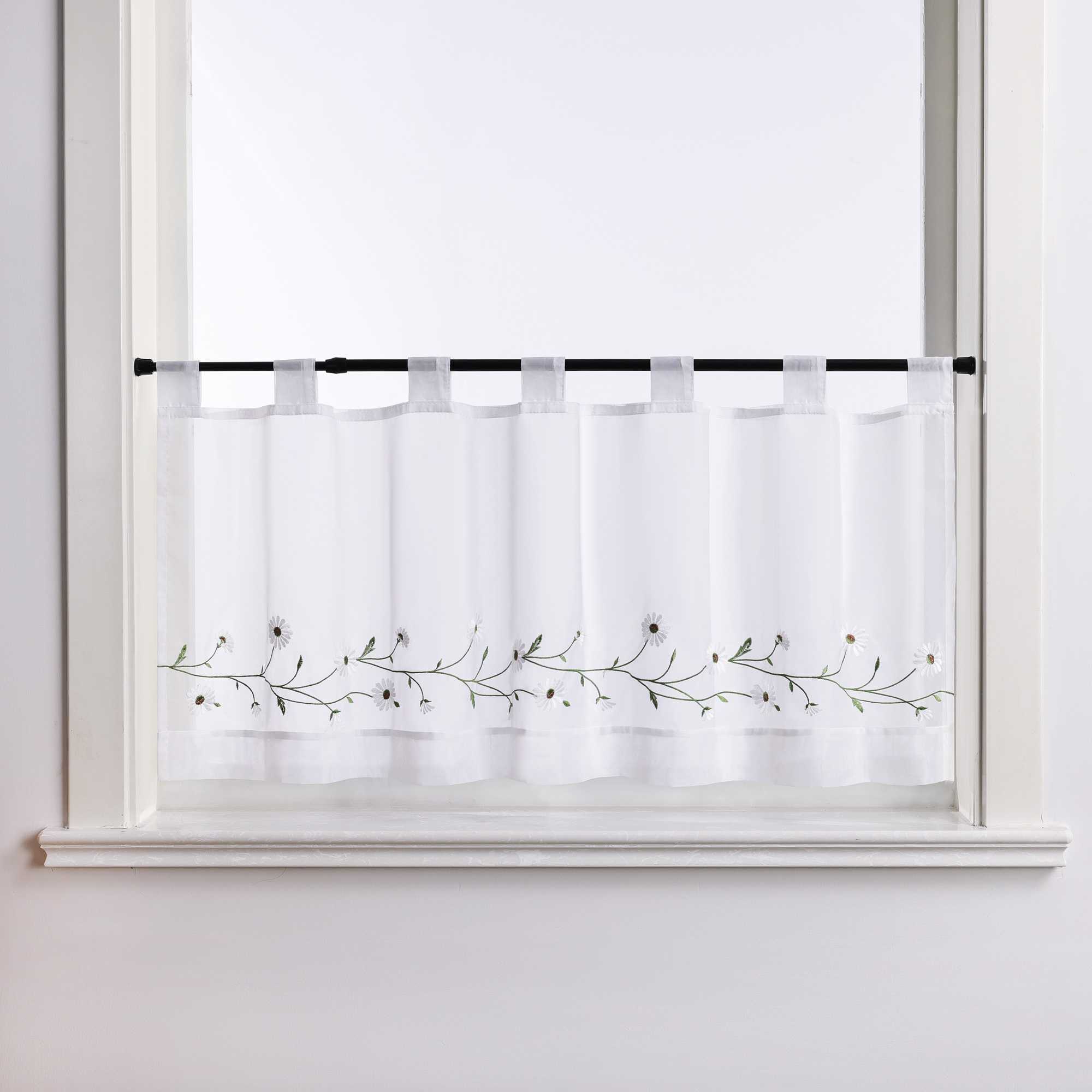 Scheibengardinen Bistrogardine Schlaufen Küche Gardinen Landhausstil Transparent Kurzstores mit kleiner Gänseblümchen-Stickerei - Joyswahl