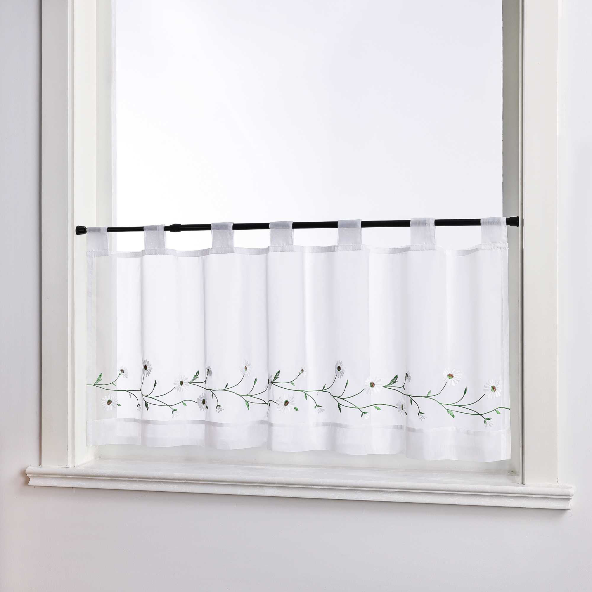 Scheibengardinen Bistrogardine Schlaufen Küche Gardinen Landhausstil Transparent Kurzstores mit kleiner Gänseblümchen-Stickerei - Joyswahl