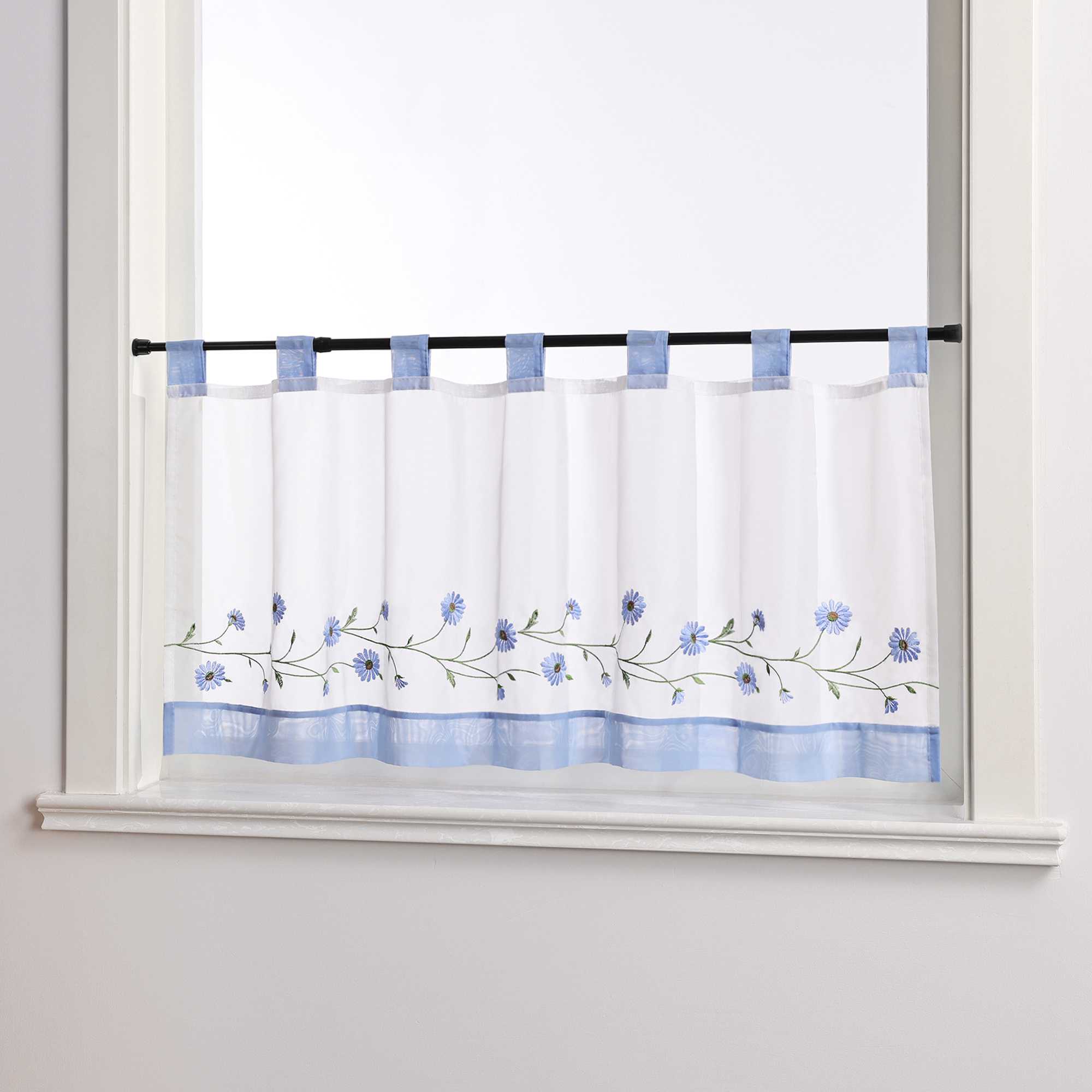 Scheibengardinen Bistrogardine Schlaufen Küche Gardinen Landhausstil Transparent Kurzstores mit kleiner Gänseblümchen-Stickerei - Joyswahl