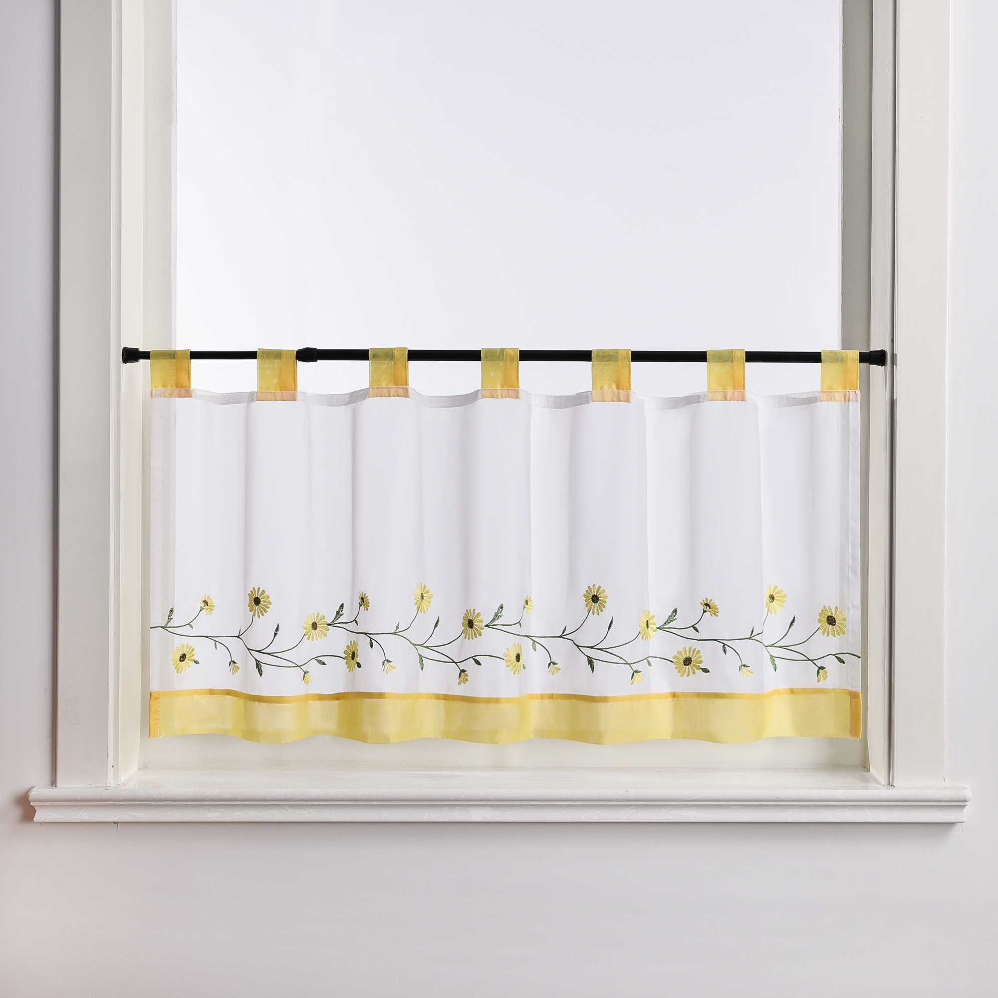 Scheibengardinen Bistrogardine Schlaufen Küche Gardinen Landhausstil Transparent Kurzstores mit kleiner Gänseblümchen-Stickerei - Joyswahl
