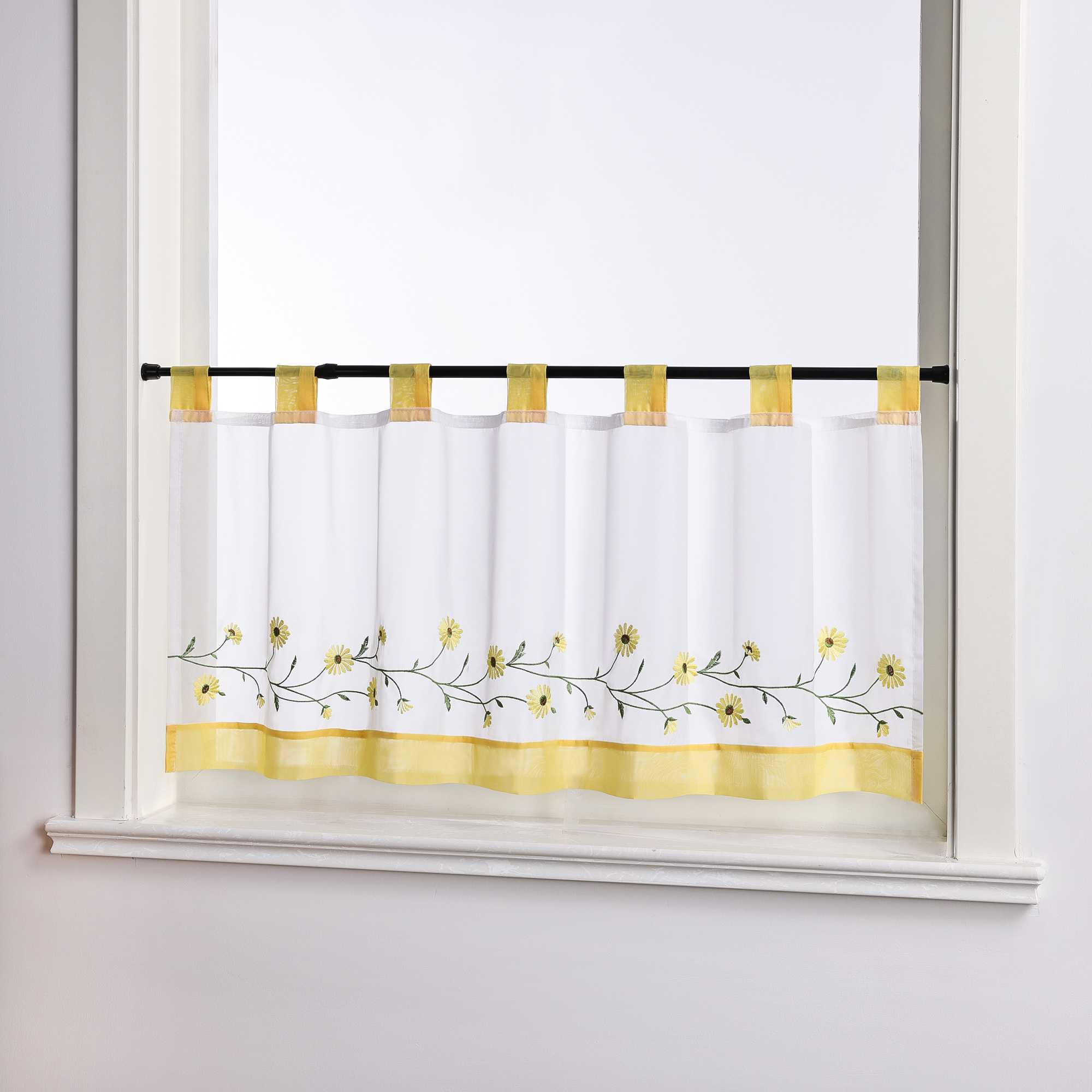 Scheibengardinen Bistrogardine Schlaufen Küche Gardinen Landhausstil Transparent Kurzstores mit kleiner Gänseblümchen-Stickerei - Joyswahl
