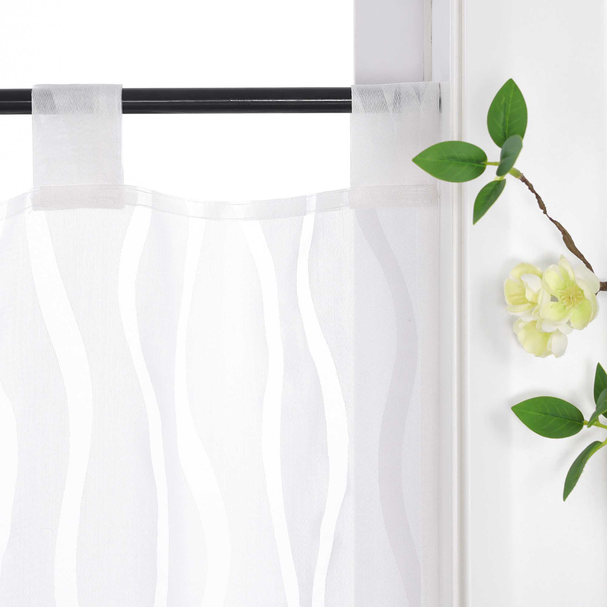 Scheibengardine mit Schlaufen Modern Voile Bistrogardinen Küche Kurz Gardine mit Wellenstreifen Weiß 1 Stück - Joyswahl