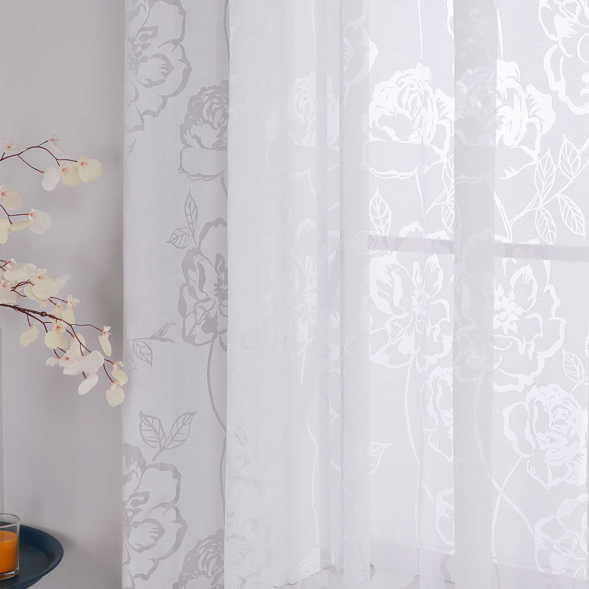 Vorhang mit Kräuselband Voile Gardine Ausbrenner mit Rosenmuster Fensterschal Transparent Weiß 1 Stück - Joyswahl