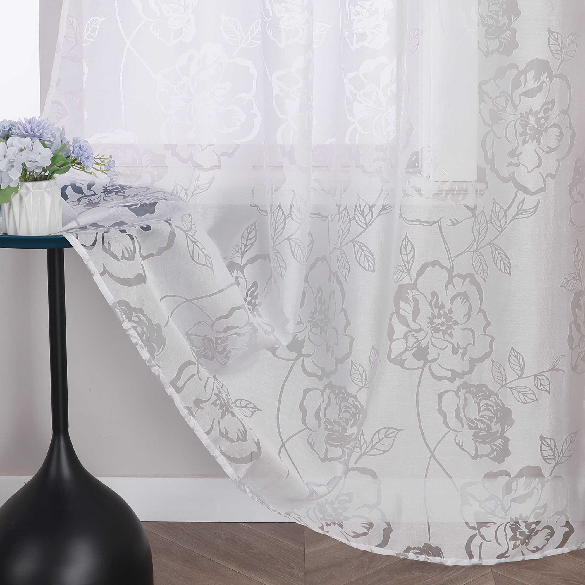 Vorhang mit Kräuselband Voile Gardine Ausbrenner mit Rosenmuster Fensterschal Transparent Weiß 1 Stück - Joyswahl