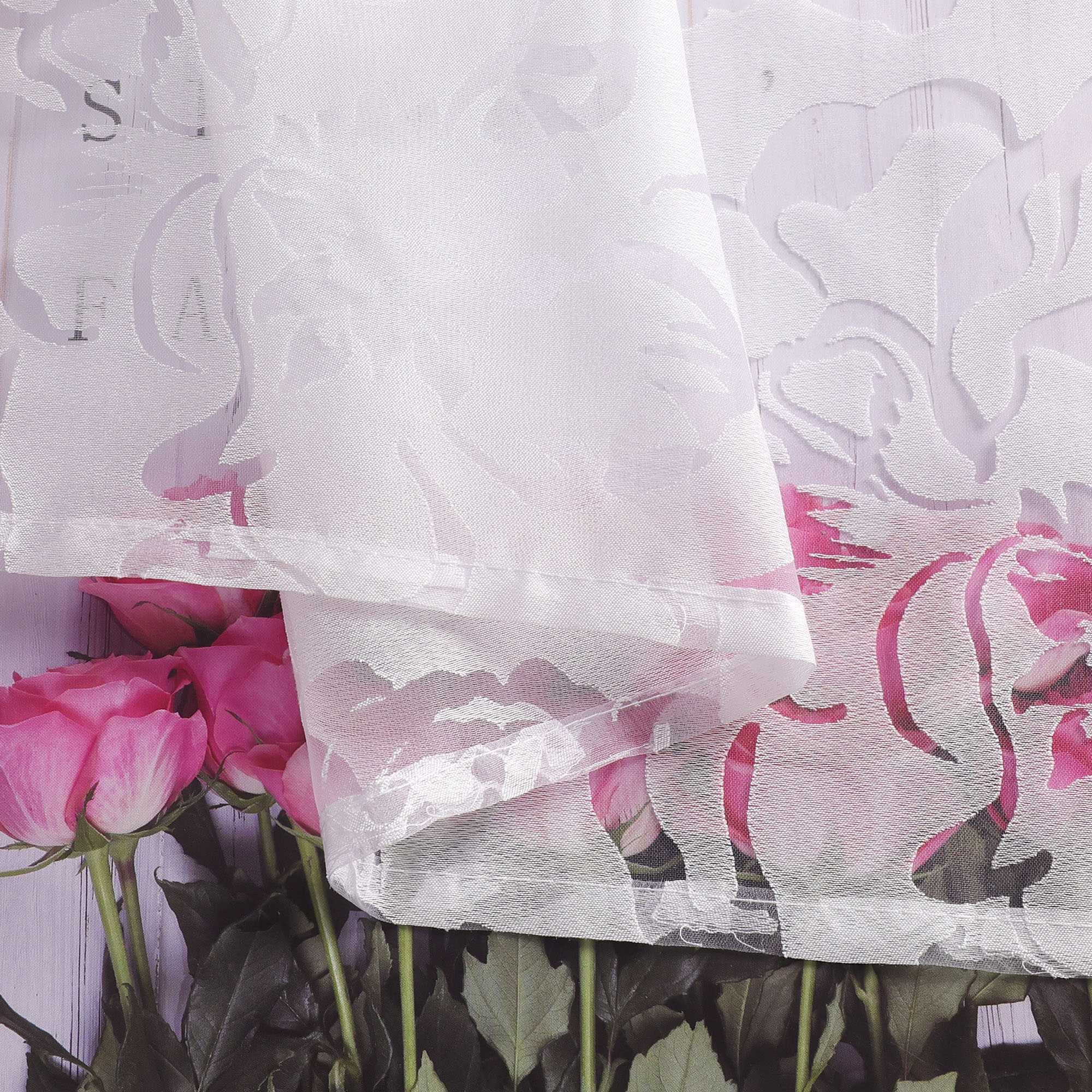 Vorhang mit Kräuselband Voile Gardine Ausbrenner mit Rosenmuster Fensterschal Transparent Weiß 1 Stück - Joyswahl