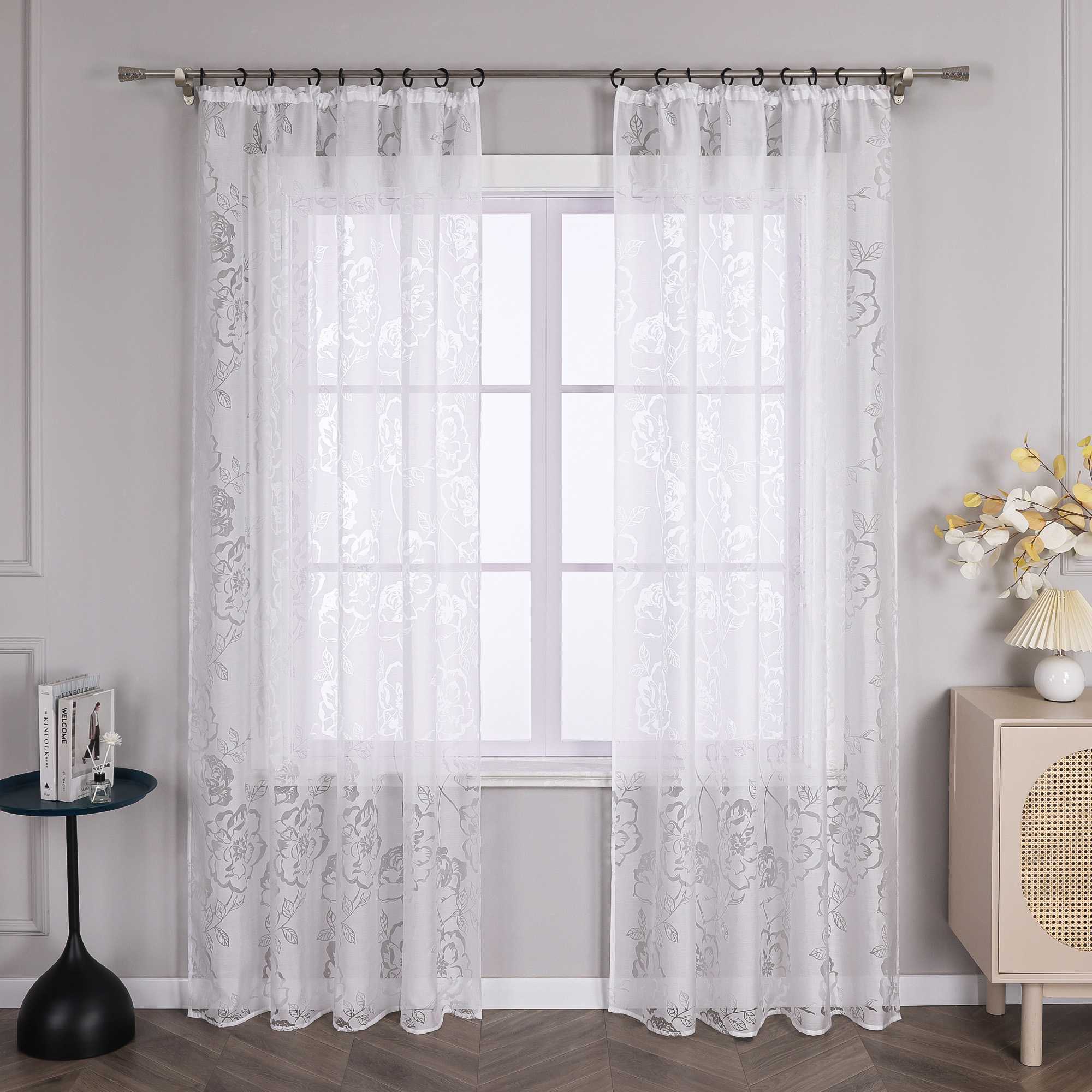 Vorhang mit Kräuselband Voile Gardine Ausbrenner mit Rosenmuster Fensterschal Transparent Weiß 1 Stück - Joyswahl