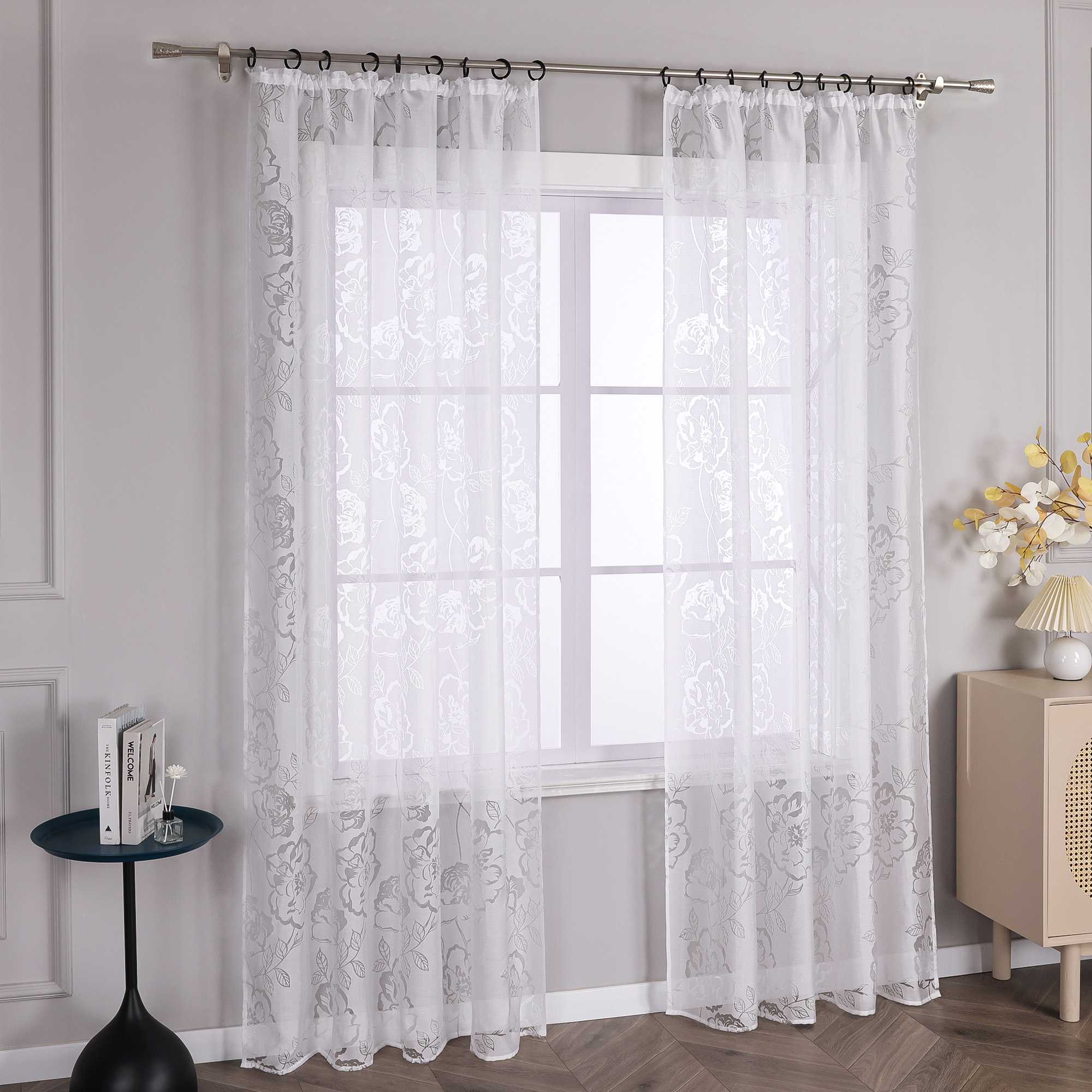 Vorhang mit Kräuselband Voile Gardine Ausbrenner mit Rosenmuster Fensterschal Transparent Weiß 1 Stück - Joyswahl