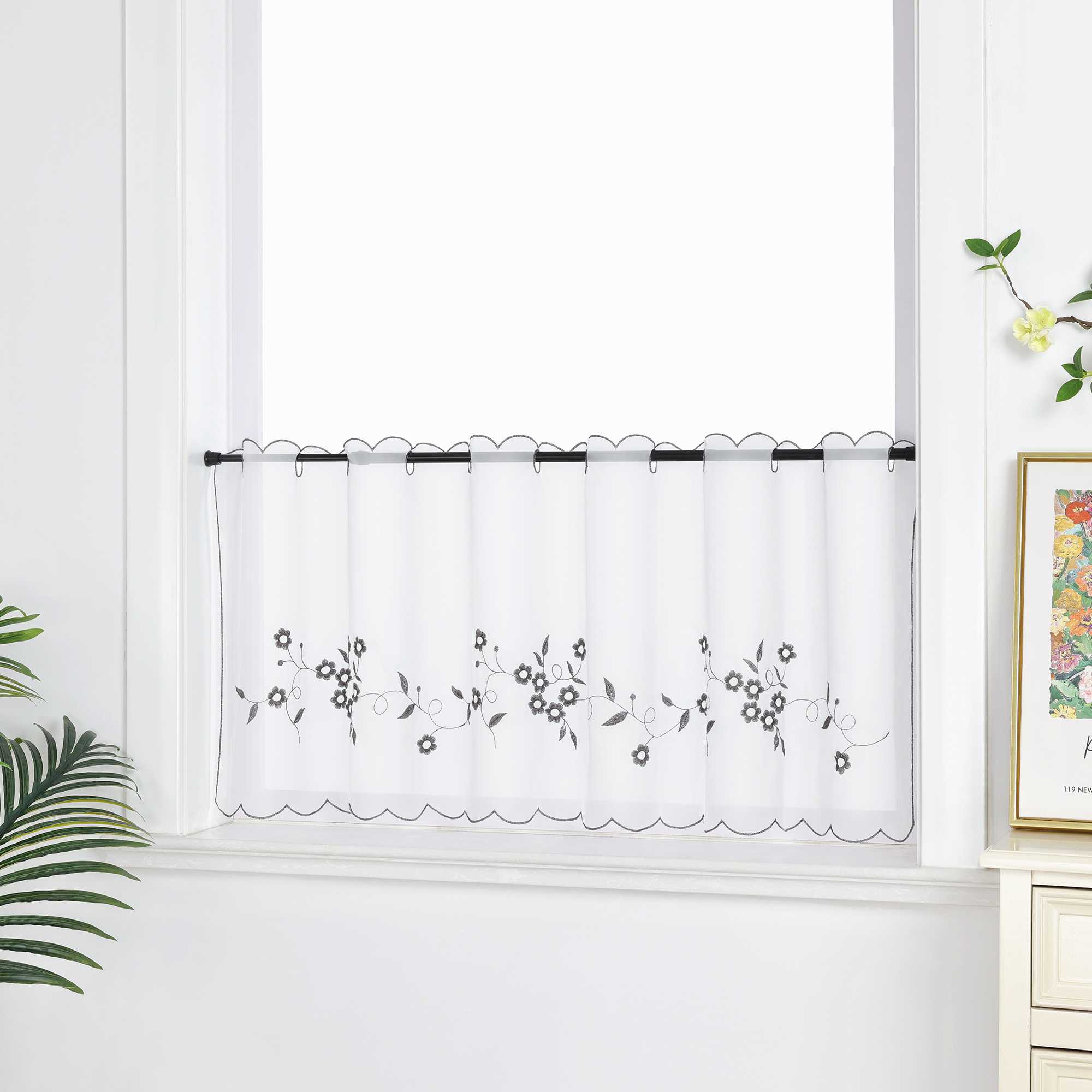 Farbige Stickerei Voile Scheibengardine Transparenter Café Vorhang Kurzstore mit Blüten-Stickerei - Joyswahl