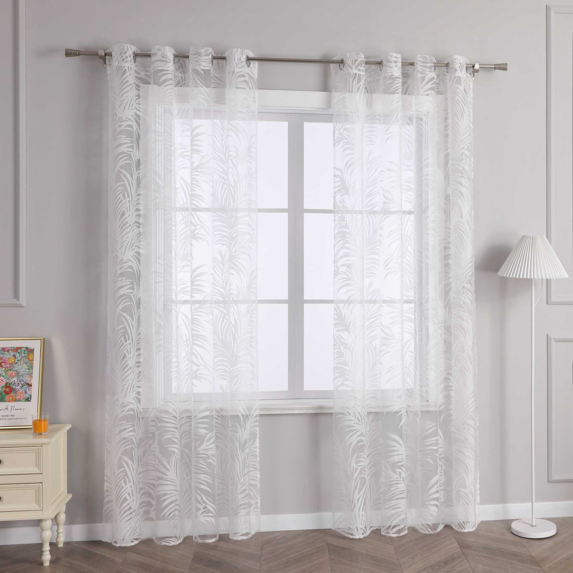 Voile Gardine in Ausbrenner mit Blätter Muster transparenter Vorhang Unifarbiges Schals Wohnzimmer Fensterschal 1 Stück - Joyswahl