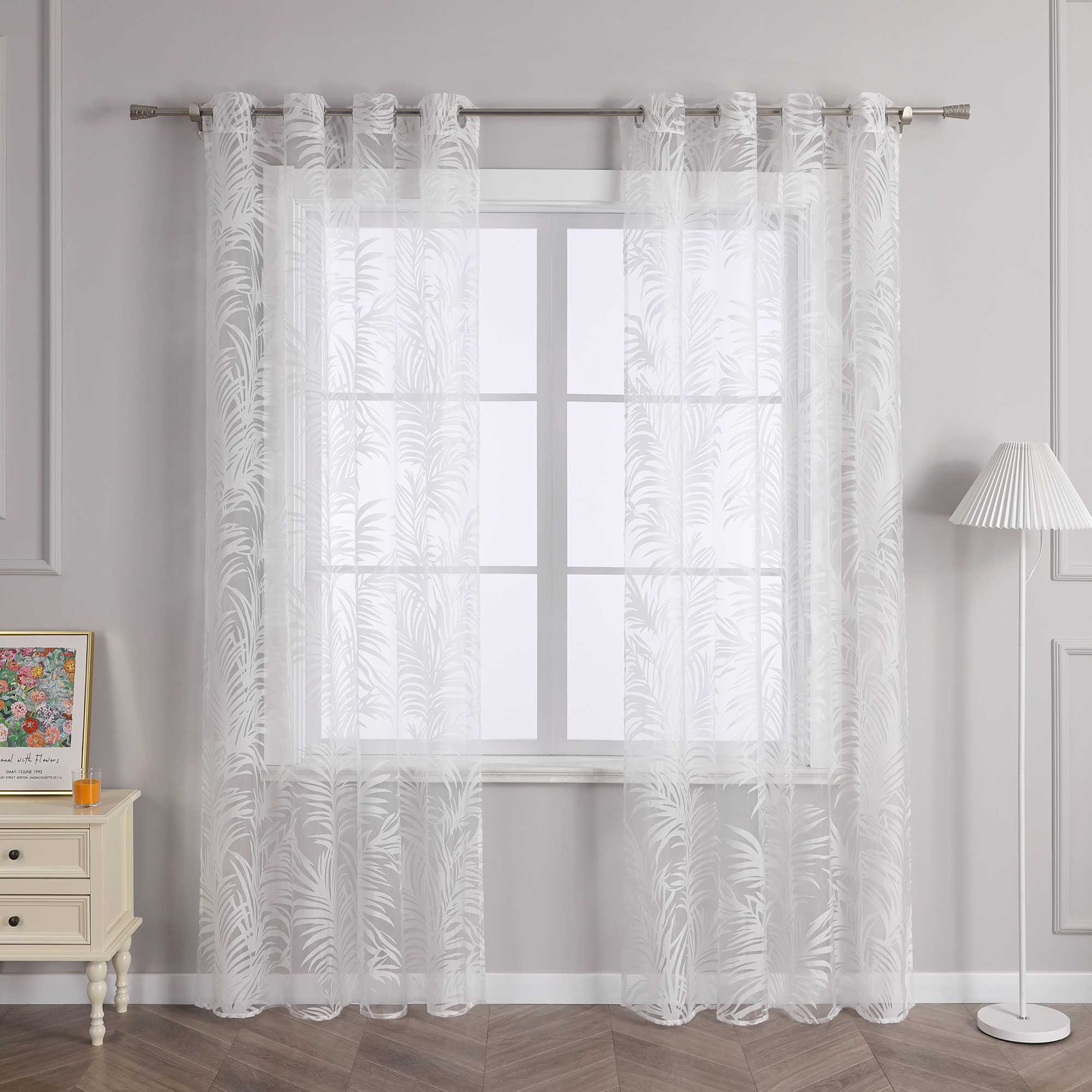 Voile Gardine in Ausbrenner mit Blätter Muster transparenter Vorhang Unifarbiges Schals Wohnzimmer Fensterschal 1 Stück - Joyswahl