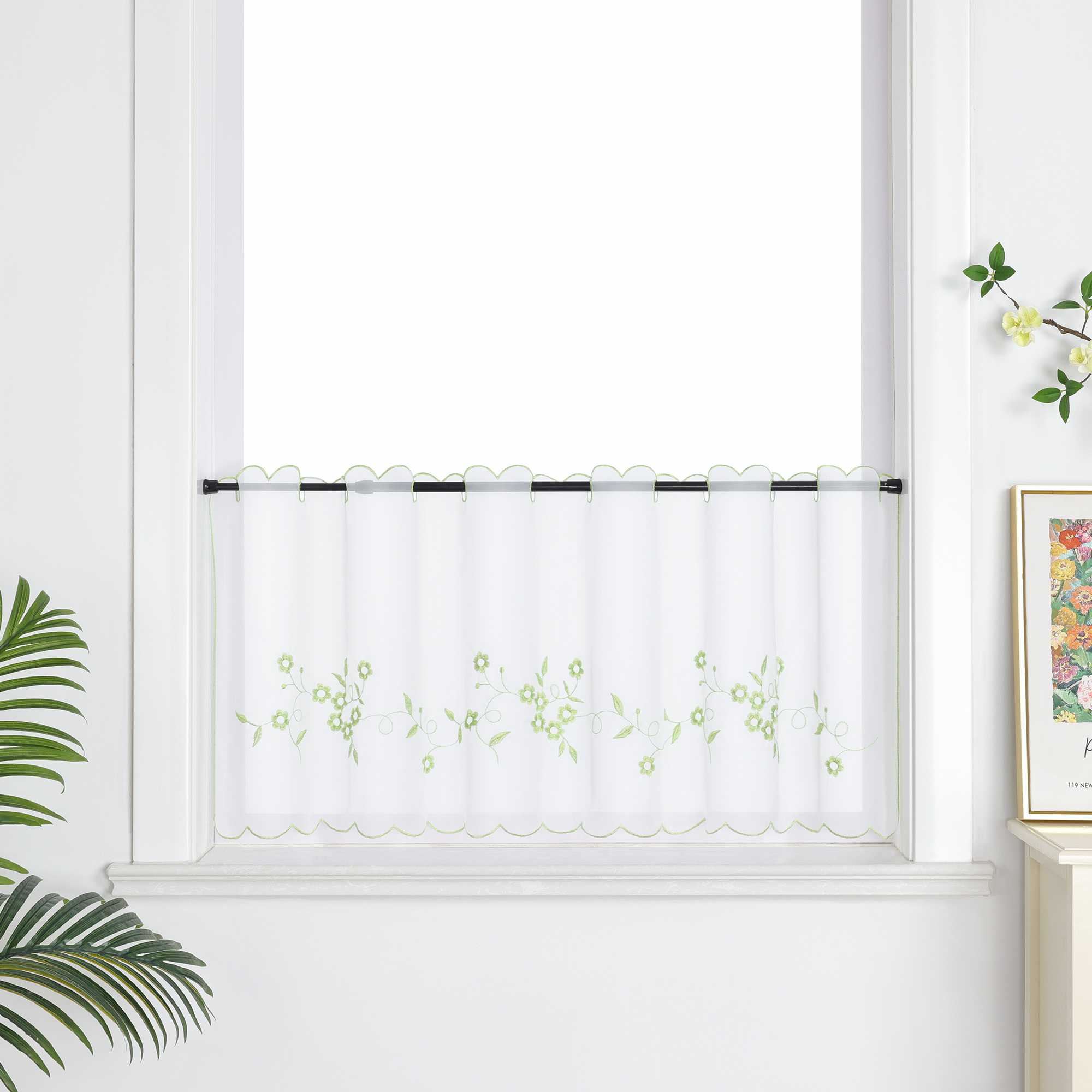 Farbige Stickerei Voile Scheibengardine Transparenter Café Vorhang Kurzstore mit Blüten-Stickerei - Joyswahl