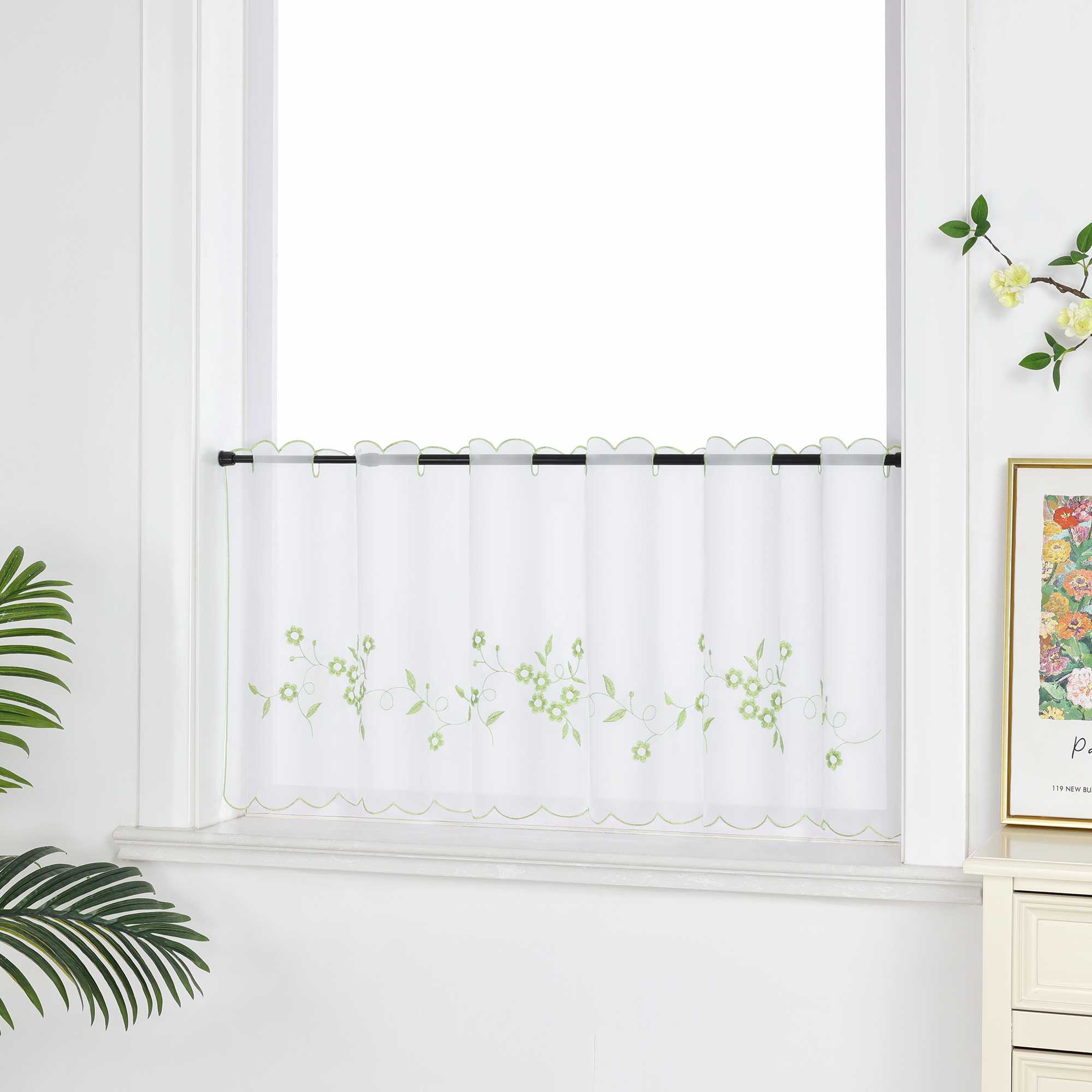 Farbige Stickerei Voile Scheibengardine Transparenter Café Vorhang Kurzstore mit Blüten-Stickerei - Joyswahl