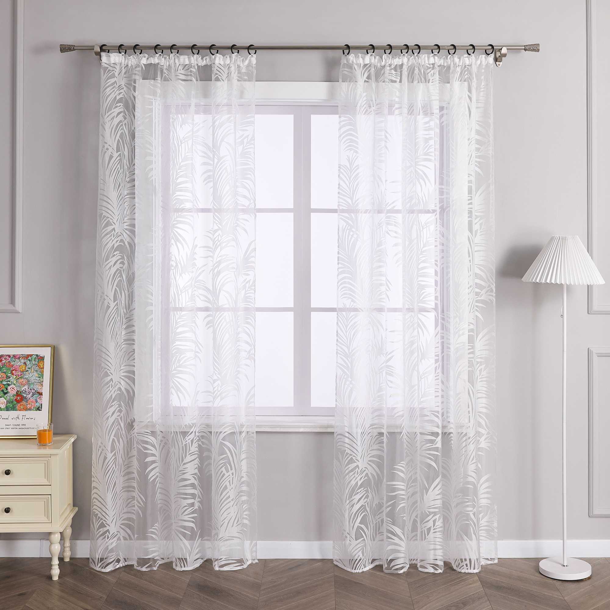 Voile Gardine in Ausbrenner mit Blätter Muster transparenter Vorhang Unifarbiges Schals Wohnzimmer Fensterschal 1 Stück - Joyswahl