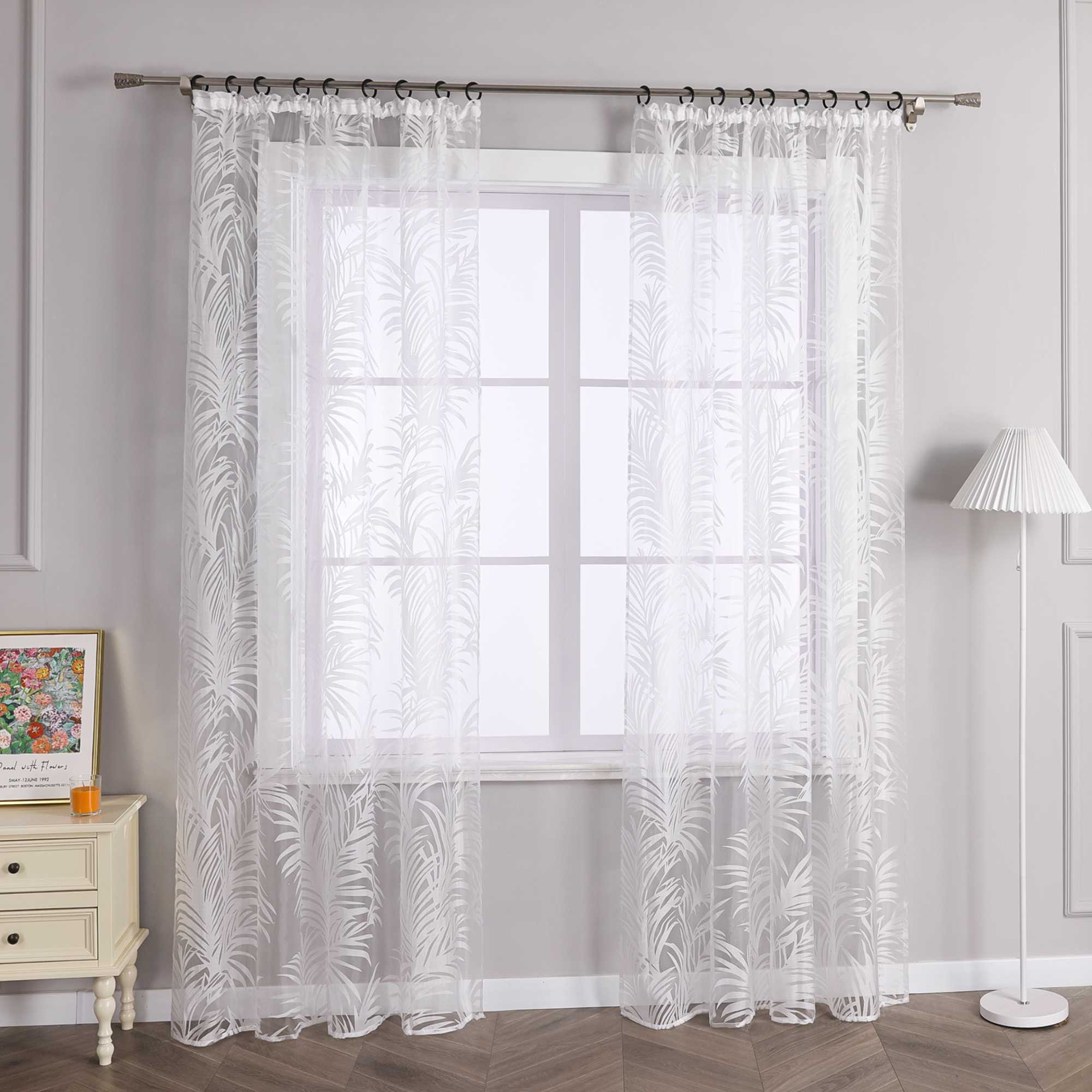 Voile Gardine in Ausbrenner mit Blätter Muster transparenter Vorhang Unifarbiges Schals Wohnzimmer Fensterschal 1 Stück - Joyswahl
