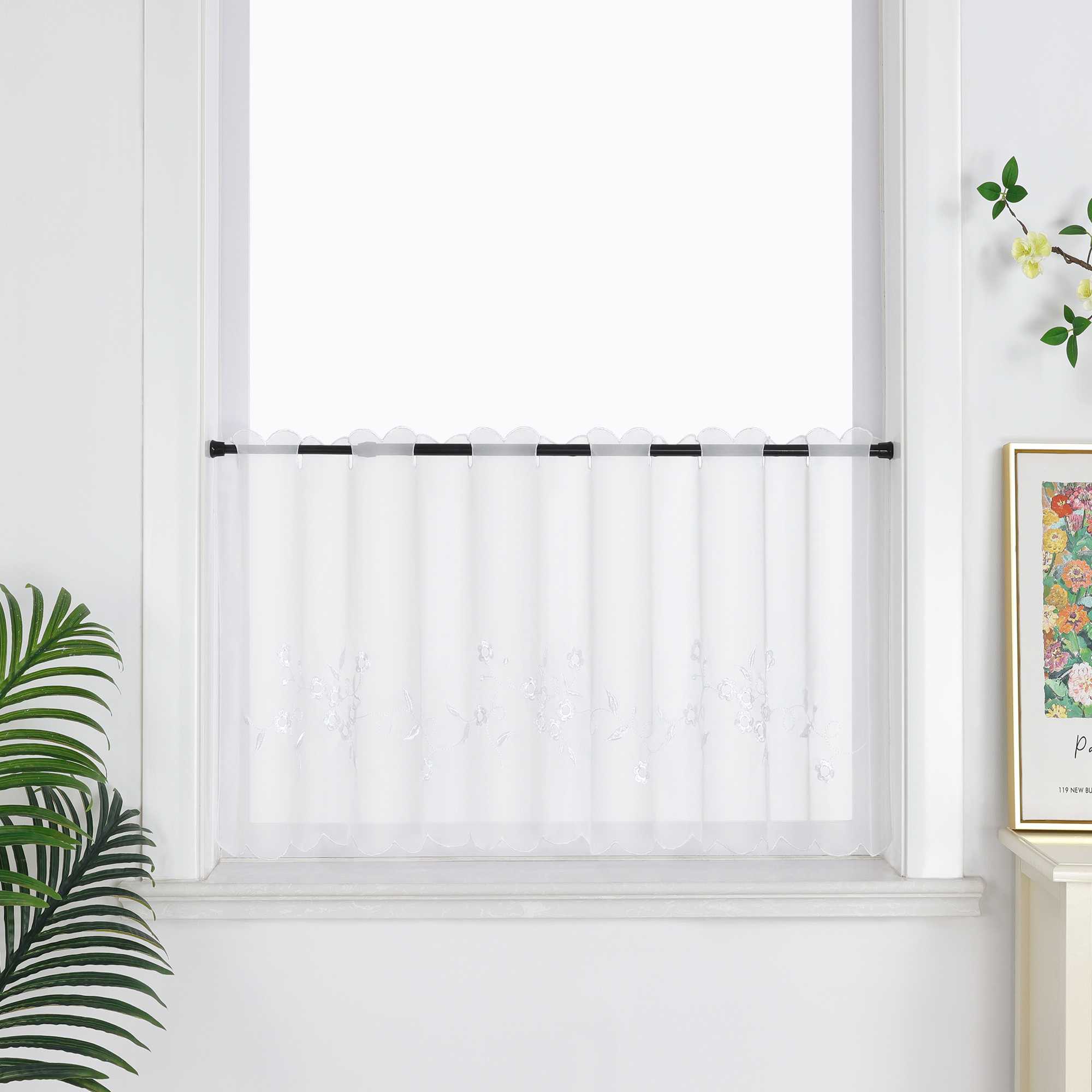 Farbige Stickerei Voile Scheibengardine Transparenter Café Vorhang Kurzstore mit Blüten-Stickerei - Joyswahl